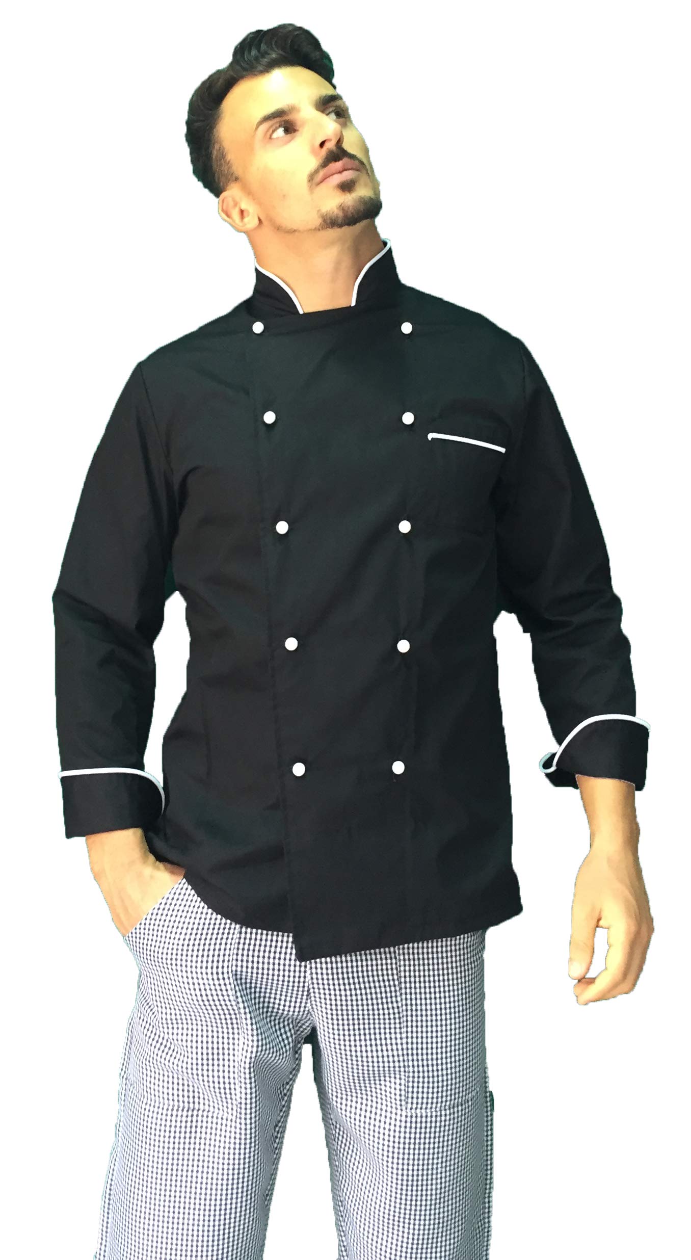 Bordado gratuito – Juego de cocina – uniforme cocinero negro y blanco – Chaqueta, pantalón y delantal – Fabricado en Italia