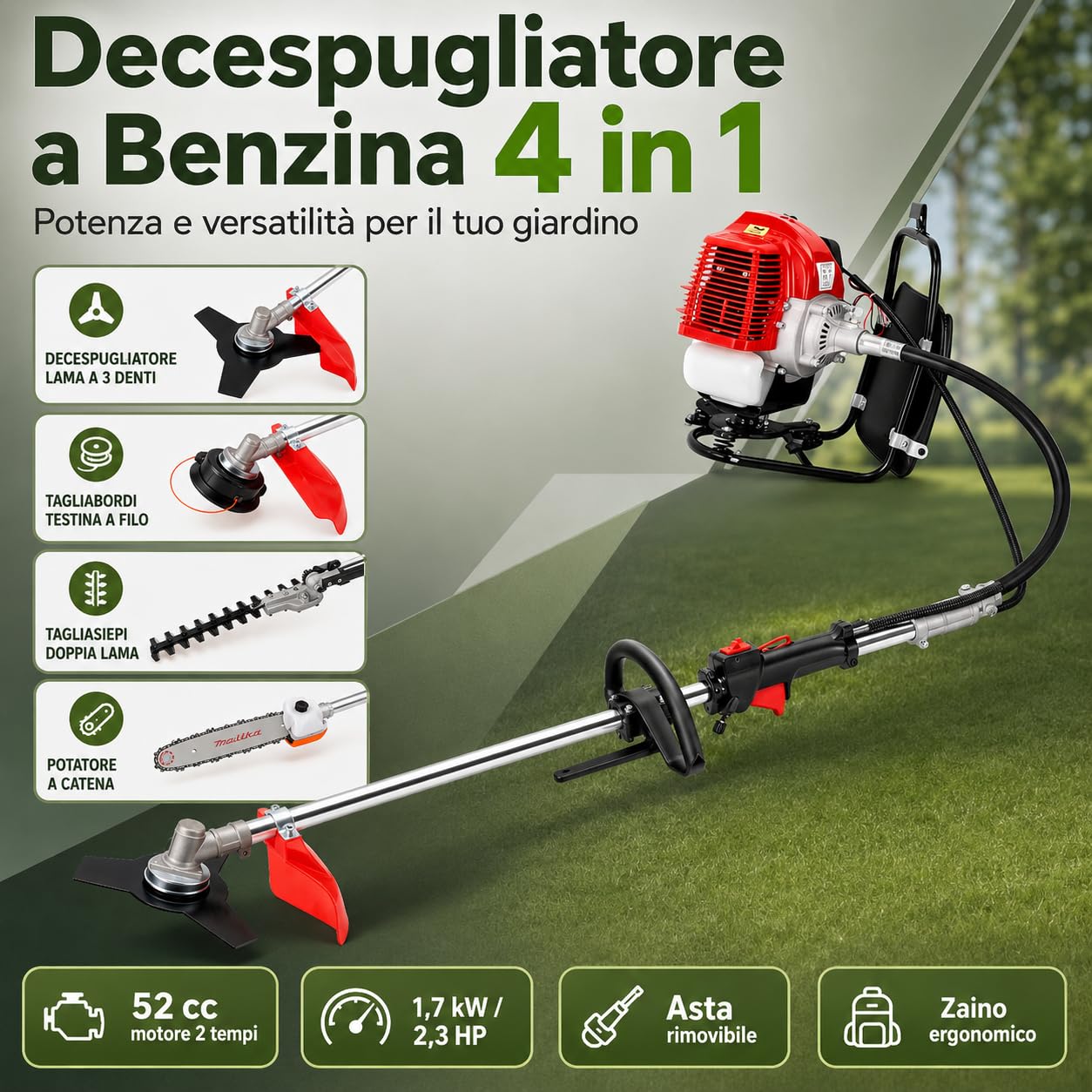 Desbrozadora de gasolina 4 en 1 de 52 cc de 2 tiempos, de gasolina, para cepillo, cortacésped, motosierra, podadora, cortacésped, cortasetos, YLNXC75XWDML8-TDKA
