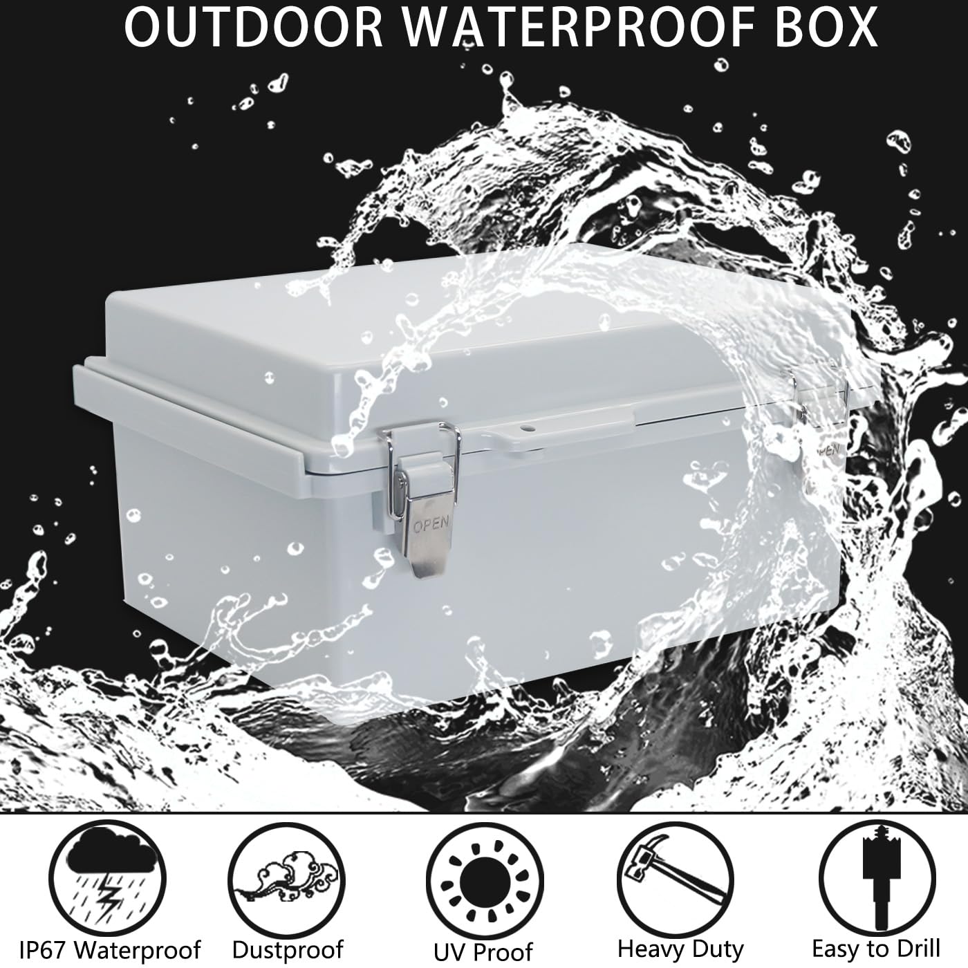 Outdoor Waterproof Box,IP67 ABS Junction Box Electrical Enclosure with Stainless Steel Latch, Hinged Cover Electric Box with Wall Brackets 13.8" Dx9.8 Wx5.9 H