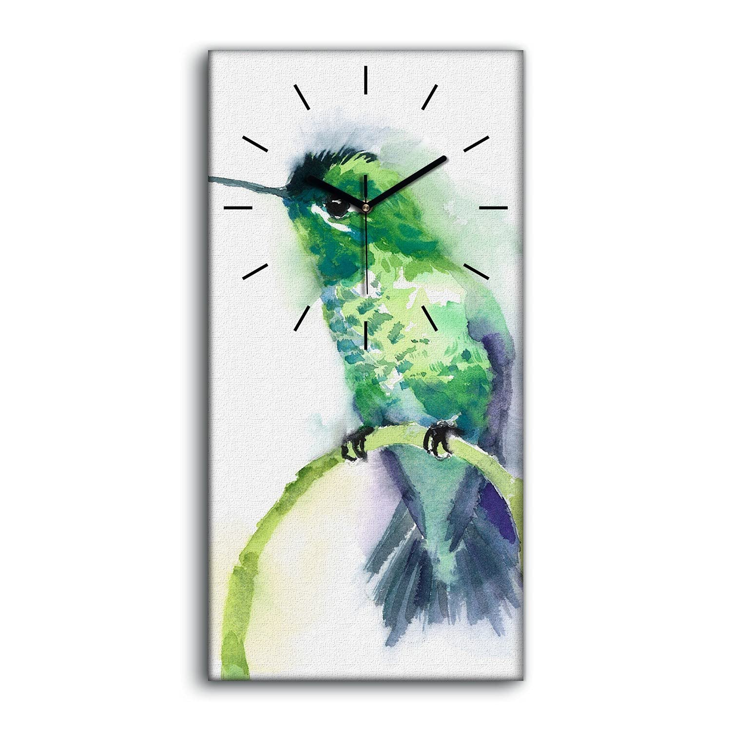 Horloge sur Toile Colibri d'oiseau Vert Aquarelle Tableau Silencieux Décoration Salon