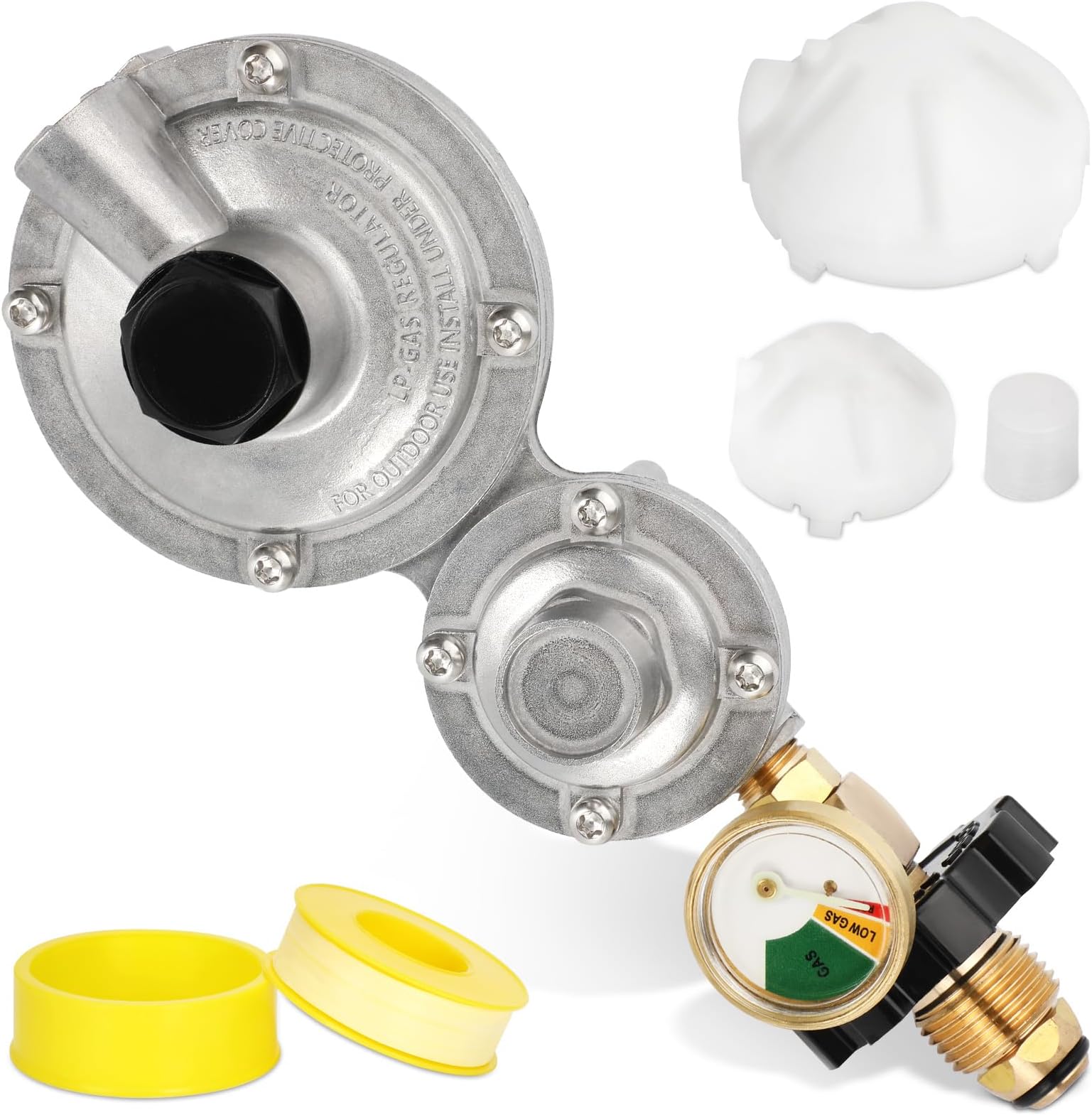Vertical 2 Stage Propane Regulator with POL and Gauge, Two Stage Propane Regulator Standard 3/8 Female NPT Connection, Double Stage Regulator for 20-100lb Tank，Gas Grill, RV, Propane Heater