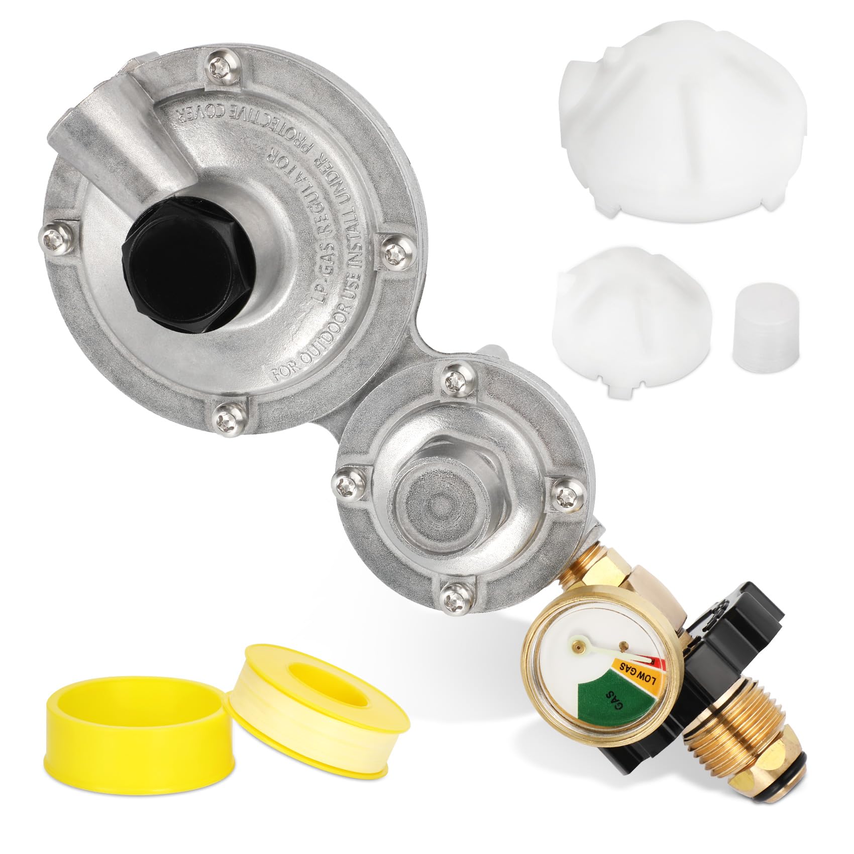 2 Stage Propane Regulator with POL and Gauge, 100 lb Tank, 3/8 Female NPT Connection, Brass, Dual Stage, RV, Grill, Heater