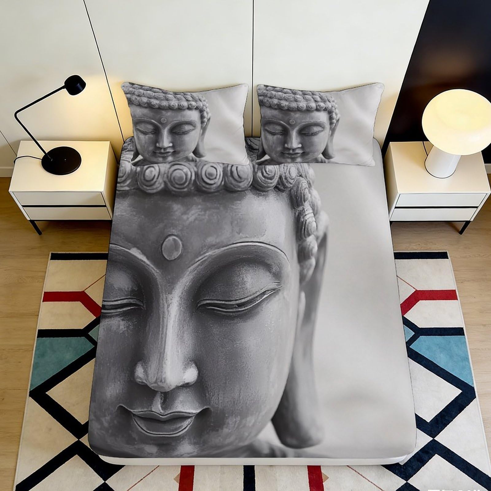 3D Printed Buddha Statue Fitted Sheet Microfiber Grey Meditation Art Mattress Cover for Bedroom Guest Room Dorm Decor 90x200x25cm