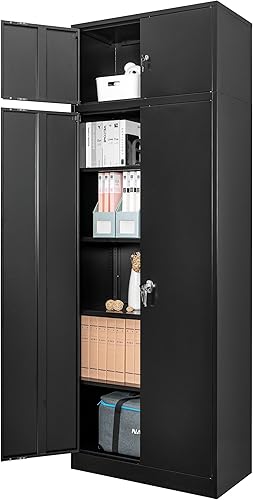 CMY Gabinete de almacenamiento de metal, gabinete de bloqueo de 87 pulgadas de alto con estantes ajustables y gabinete superior, gabinete de metal