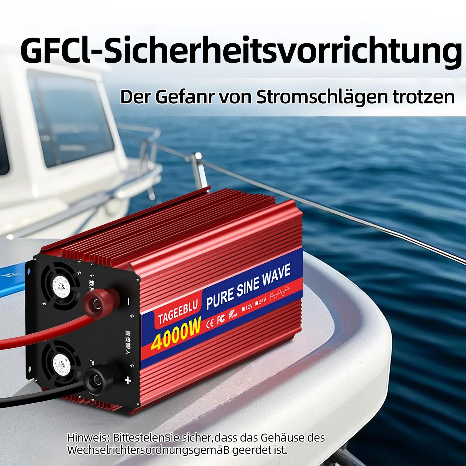 4000W 24V wechselrichter 24V auf 230V Reiner Sinus, spannungswandler 24v 230v, Wechselrichter für Fahrzeuge mit Alligatorclip, 2 EU Steckdose und LCD Bildschirm