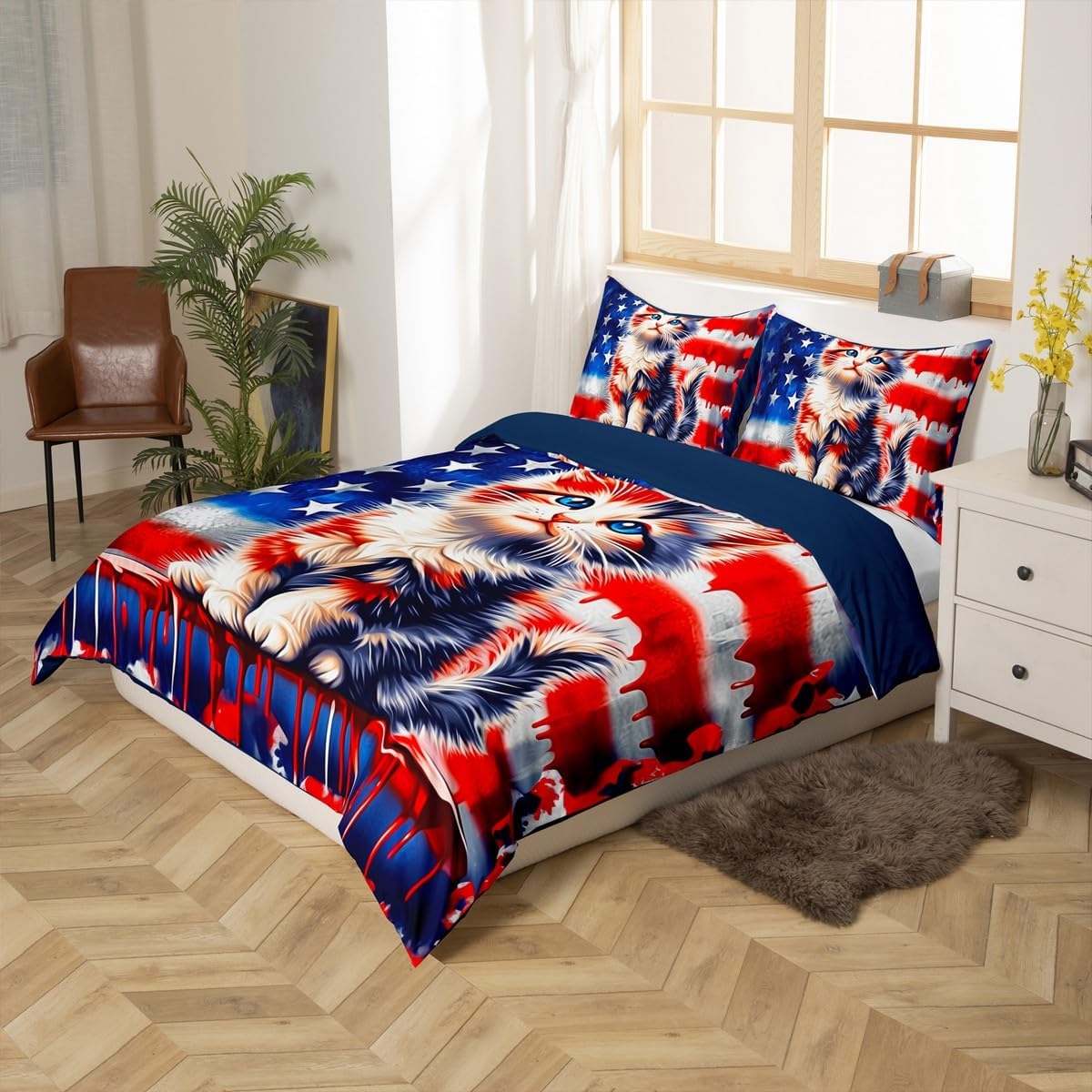 Manfei Cute Cat Bedding Set Twin Size,American Flag Duvet Cover with 1 Pillow Sham Comforter Cover(No Filler) for Kids,Red Blue Tie Dye Duvet Cover Set Decorative 2 Pcs
