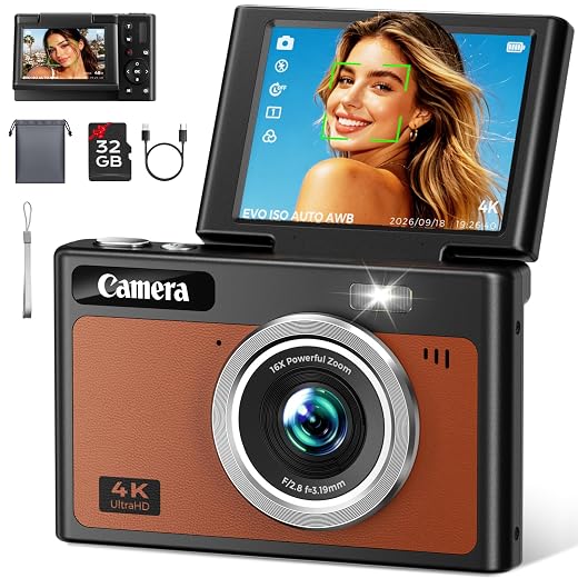Digital Camera, 4K Autofocus Camera for Photography, 2.8" 180°Flip Screen, 48MP 16X Zoom Anti-Shake, Portable Compact Point and Shoot Camera for Teens Adults, 32GB Card, Gift for Boys Girls Beginners