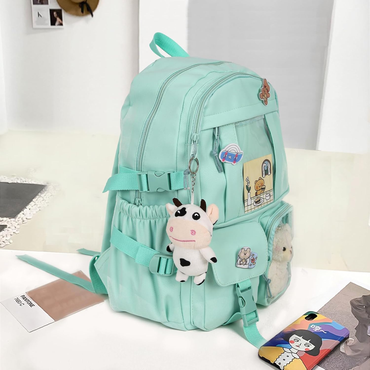 Kawaii Backpack with Cute Bear Plush Kawaii Pin Accessories Large Capacity Aesthetic School Bags Cute Bookbag for Girls Teen (Simple, Green) - Image 2