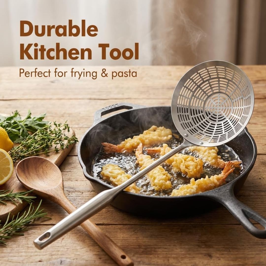 5.4" Stainless Steel Spider Strainer Skimmer – Long-Handle Slotted Spoon for Cooking, Frying, Pasta, Noodles, and Spaghetti