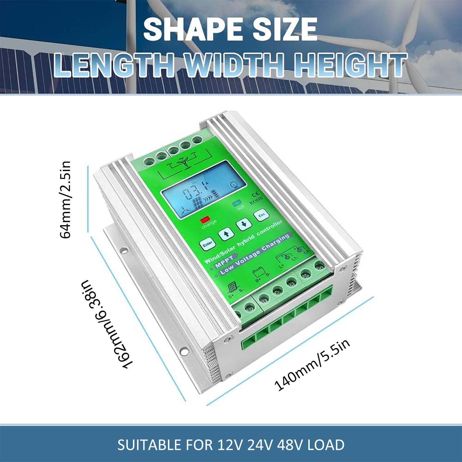 Contrôleur de Charge Hybride Solaire éolien, MPPT, 12V 24V 48V, contrôleur de Charge d'énergie LCD, 6000W Wind 8000W PV Solar, pour éolienne, Panneau Solaire,12V