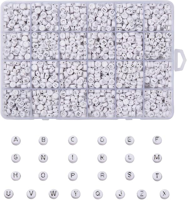 Cheriswelry White Acrylic Alphabet Beads 7mm Flat Round Disc Silver A-Z Letter Spacer Beads Charms for Jewellery Bracelet Making, About 1728pcs/box