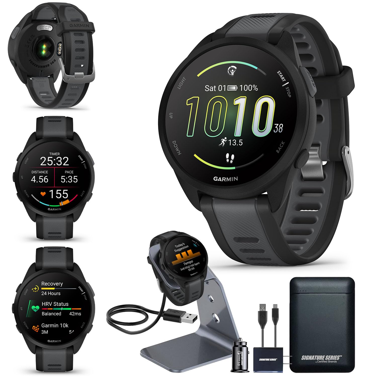 Garmin Forerunner 165 GPS Running Smartwatch, Black/Slate Gray | Advanced Health and Fitness Insights, Sleep Coach, Training Plans, Garmin Pay | Signature Series Watch Stand and Power Bundle Forerunner 165 - Power Bundle Black