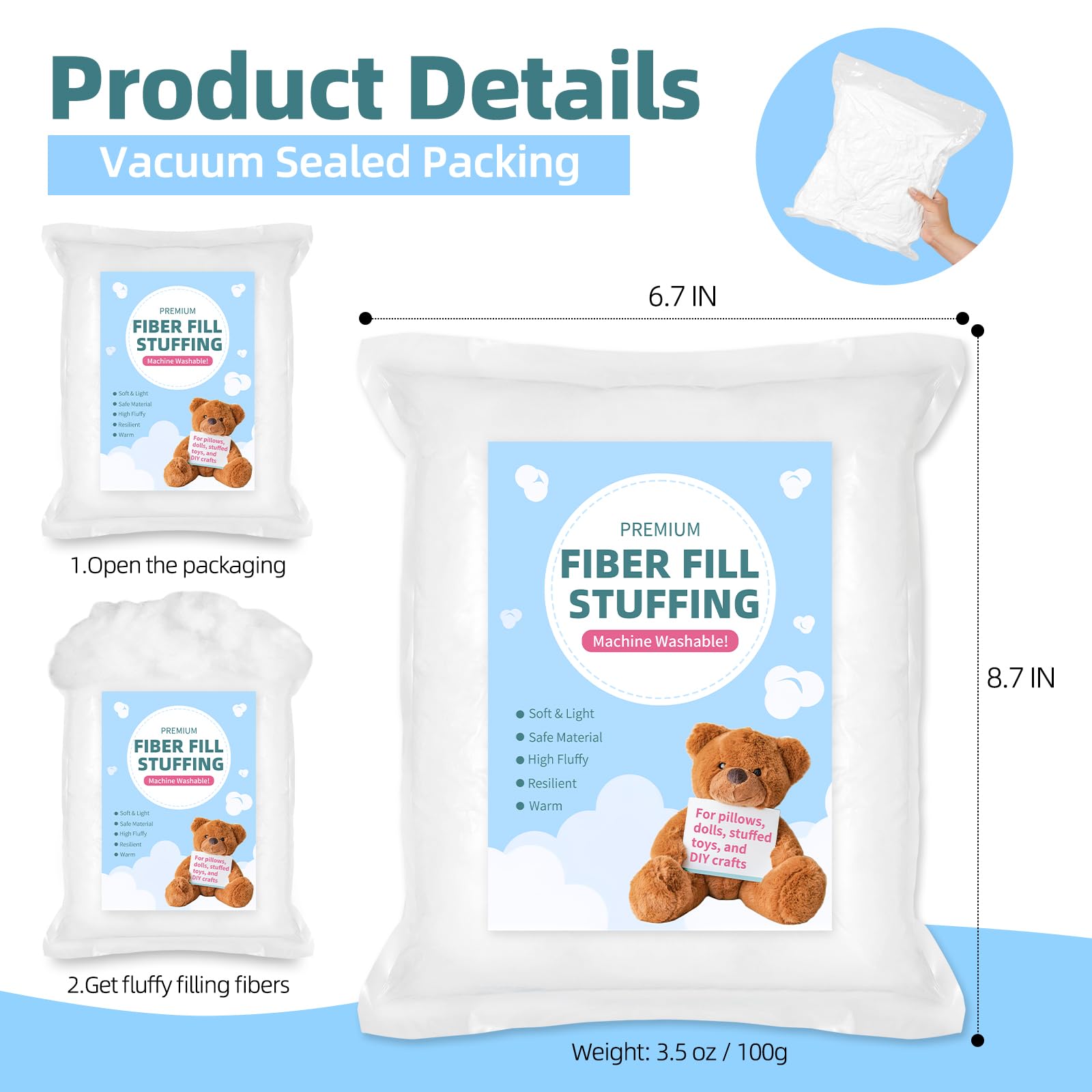 Hayunfiys Premium Fiberfill Stuffing(3.5 Oz / 100 Grams),Polyester Stuffing for Animals Dolls DIY,Pillow and Cushion Stuffing, Fiber Fill Stuffing for Crochet, High Resilience Fill