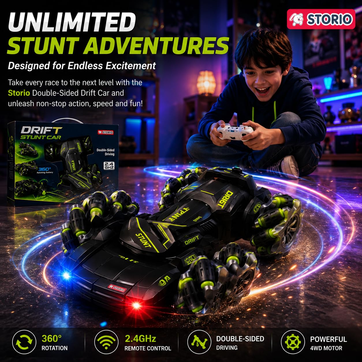 Storio RC Car 4x4 Drifting Car for Kids & Adult | Remote Control Car Toy | High Speed Remote Racing Cars for Boys 7-14 Years | Double Sided Driving | 360° Rotation