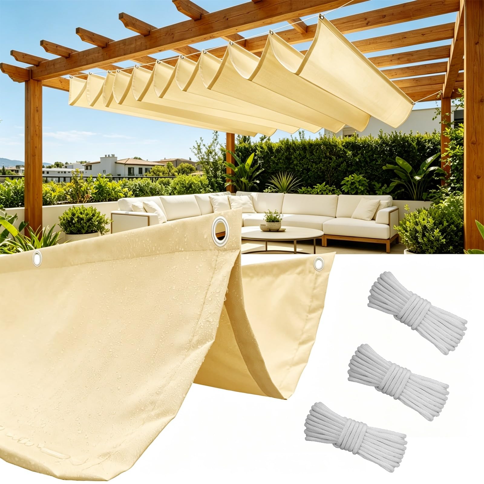Toldo Retráctil Ondulado 100 x 1050 cm con Ojales y Cuerda, Vela Sombra Impermeable y Rectangular con Bloqueo UV y Resistencia a Desgarros para Jardín Porche Patio Barbacoa, Amarillo Arena