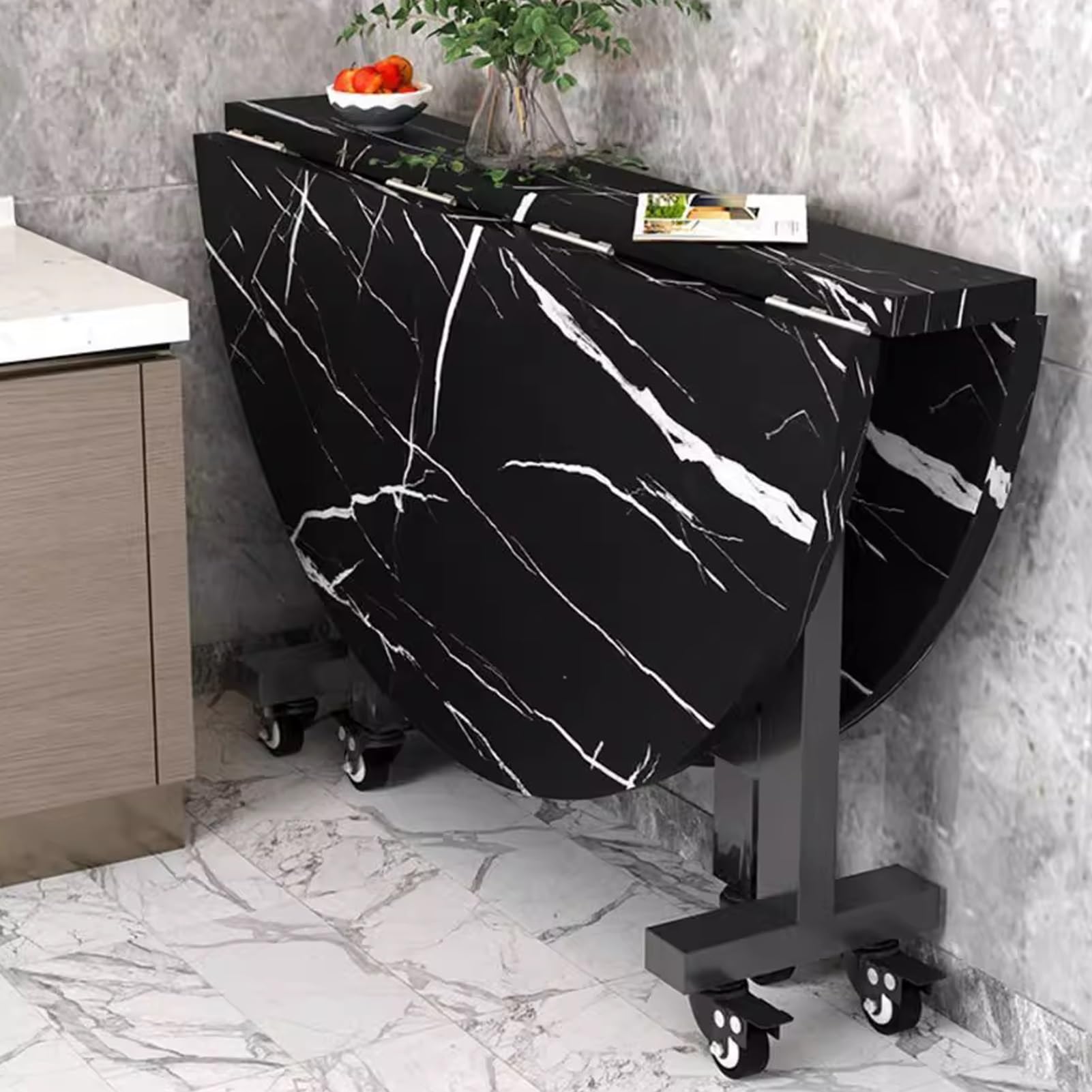 Tavolo da Pranzo Rotondo Pieghevole Mobile, Esstisch Estensibile in Legno con Ruote, Struttura in Metallo Robusto, Farfalla Estensibile, Sopporta Facilmente 400 Kg(Color1,120x75cm/47.2x29.5in)