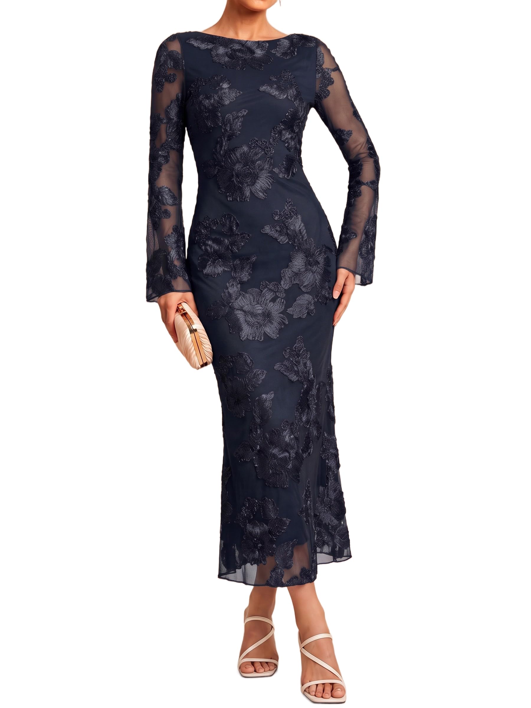 Womens Fall Long Sleeve Floral Wedding Guest Cocktail Maxi Dress