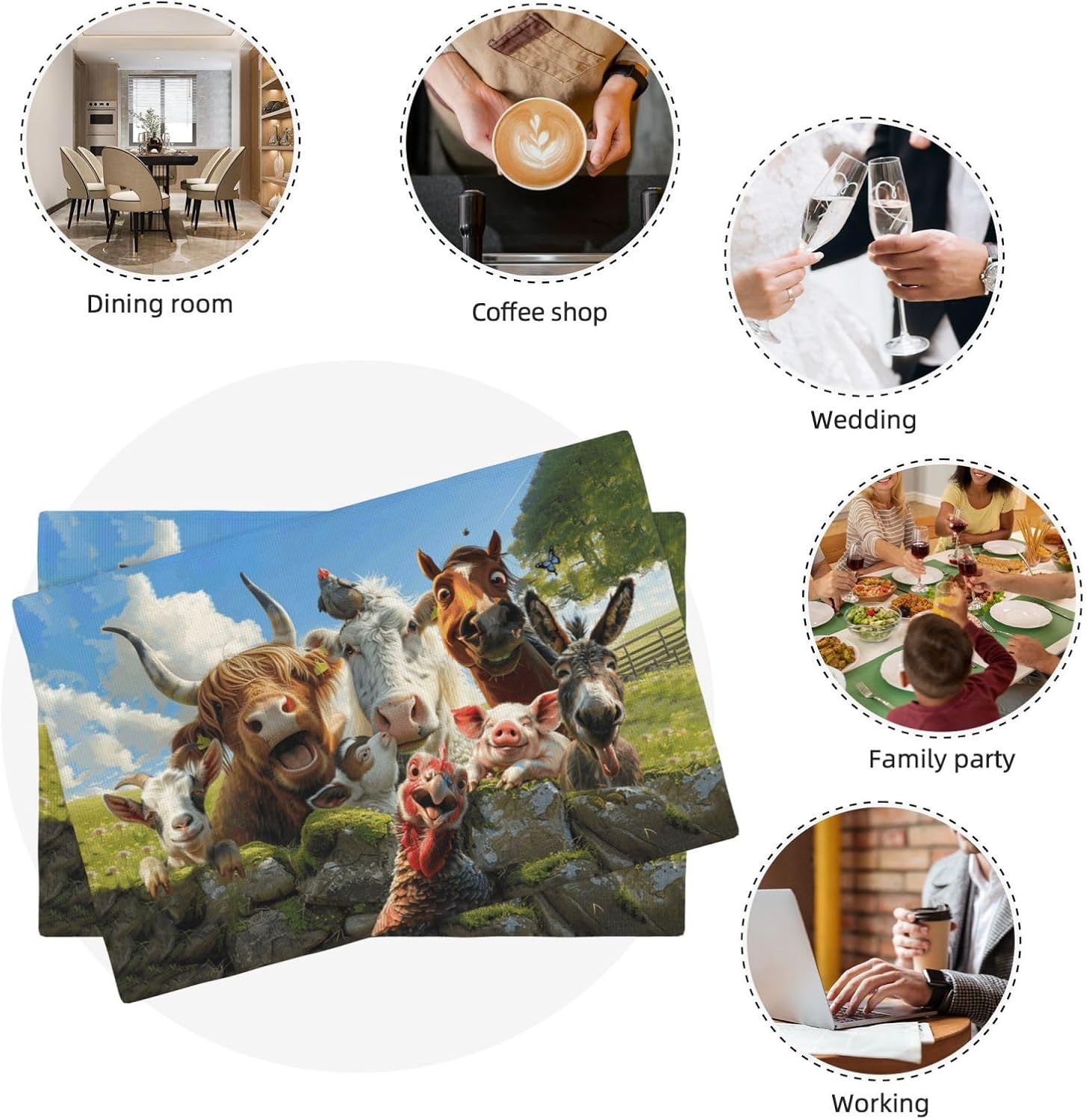Farmhouse Animals Placemats Set of 6 Farm Funny Cow Donkey Rooster Table Mats Decor Country Horse Place Mats Imitation Linen Heat Resistant Rustic Tablecloth for Dining Decoration Kitchen 12''x18''
