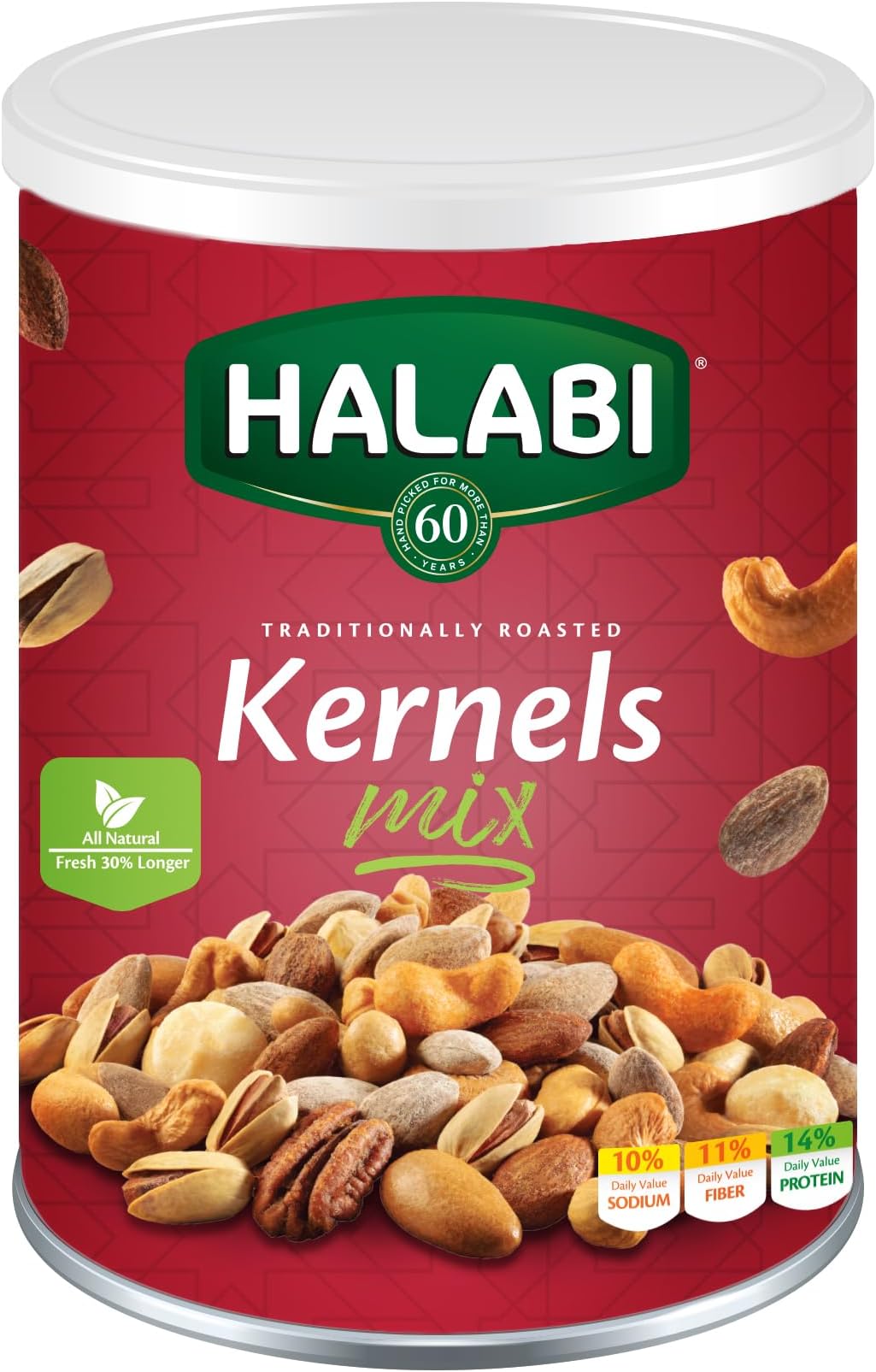Halabi - Mix Kernels - Mixed Nuts , Cashews, Almonds, Pistachios, Macadamia, Pecans, Hazelnuts - Healthy Baked Snacks - can 400g