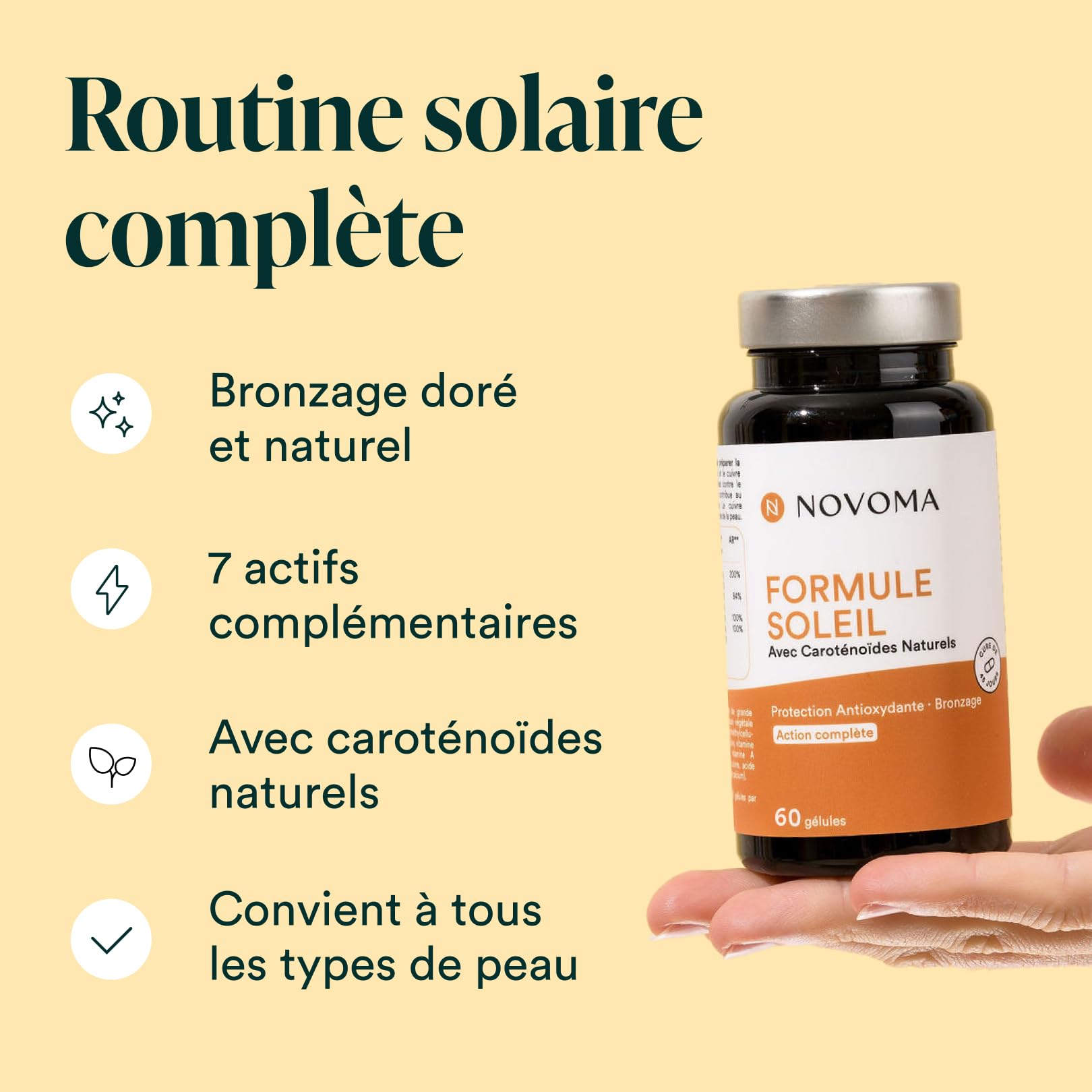 NOVOMA Formule Soleil, Activateur et Accélérateur de Bronzage, 7 Actifs Naturels dont Bêta-Carotène, Bardane et Cuivre, Préparation et Protection de la Peau, 60 Gélules, Fabriqué en France