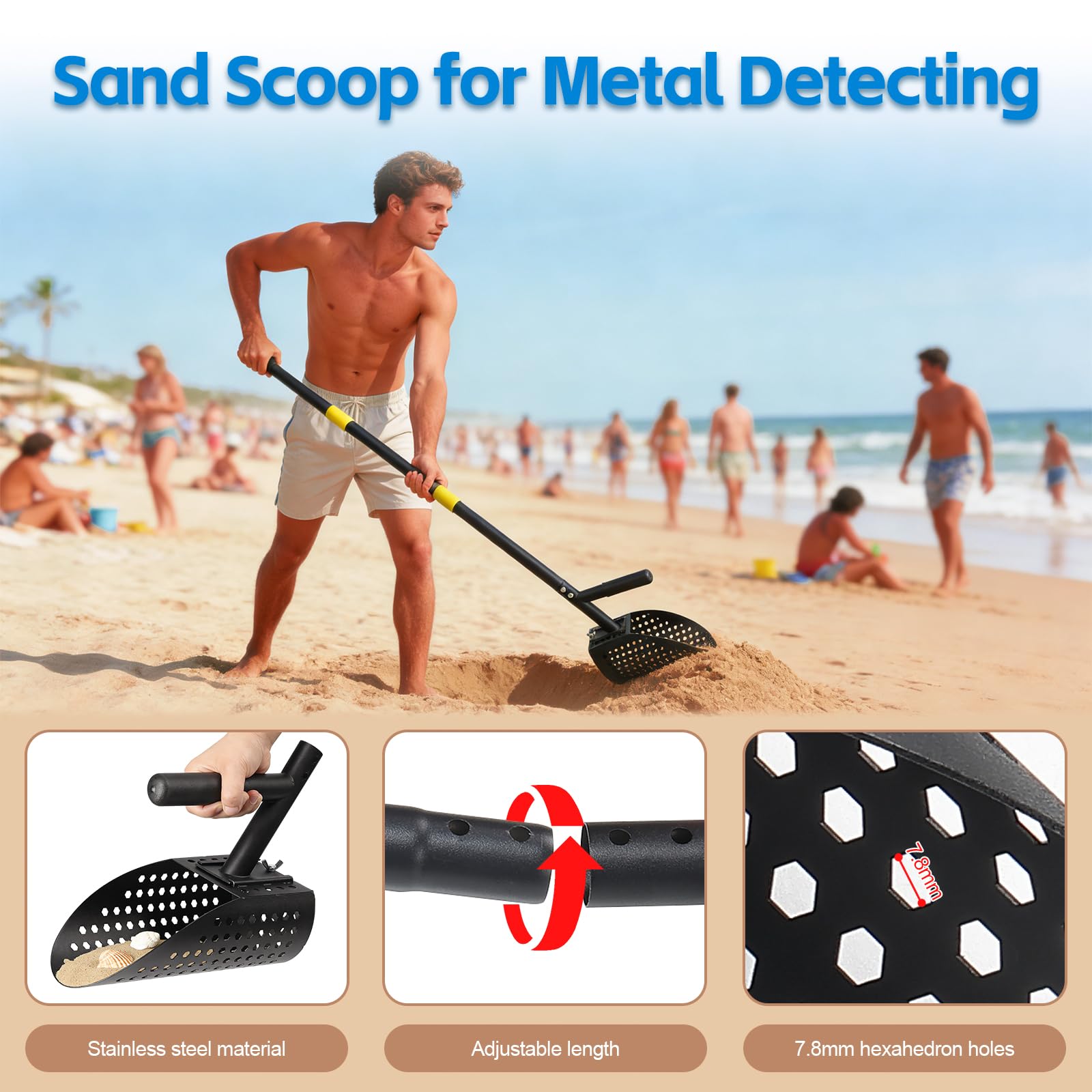 Paletta per la sabbia per il rilevamento di metalli da 162 cm, pala regolabile per metal detector, in acciaio inox, con manico lungo in acciaio, setaccio per sabbia, pala per la spiaggia, nero