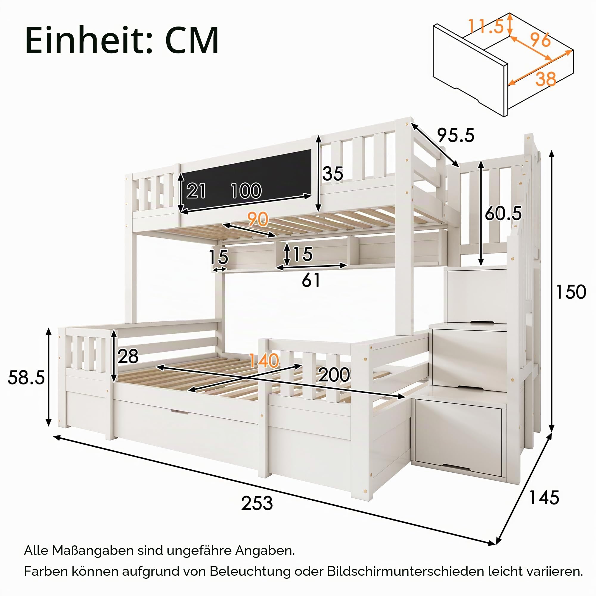 Etagenbett für 3 Kinder 90x200 & 140x200 aus Massivholz mit Kreidetafel, Stauraum-Treppe, 2 Schubladen und Leiterschrank, stabiles Hochbett/Stockbett Jugendbett (Weiß)