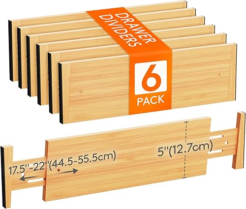 Lifewit Paquete de 6 separadores de cajones de bambú de 5 pulgadas de profundidad, organizadores de cajones expandibles de 17.5 a 22 pulgadas para