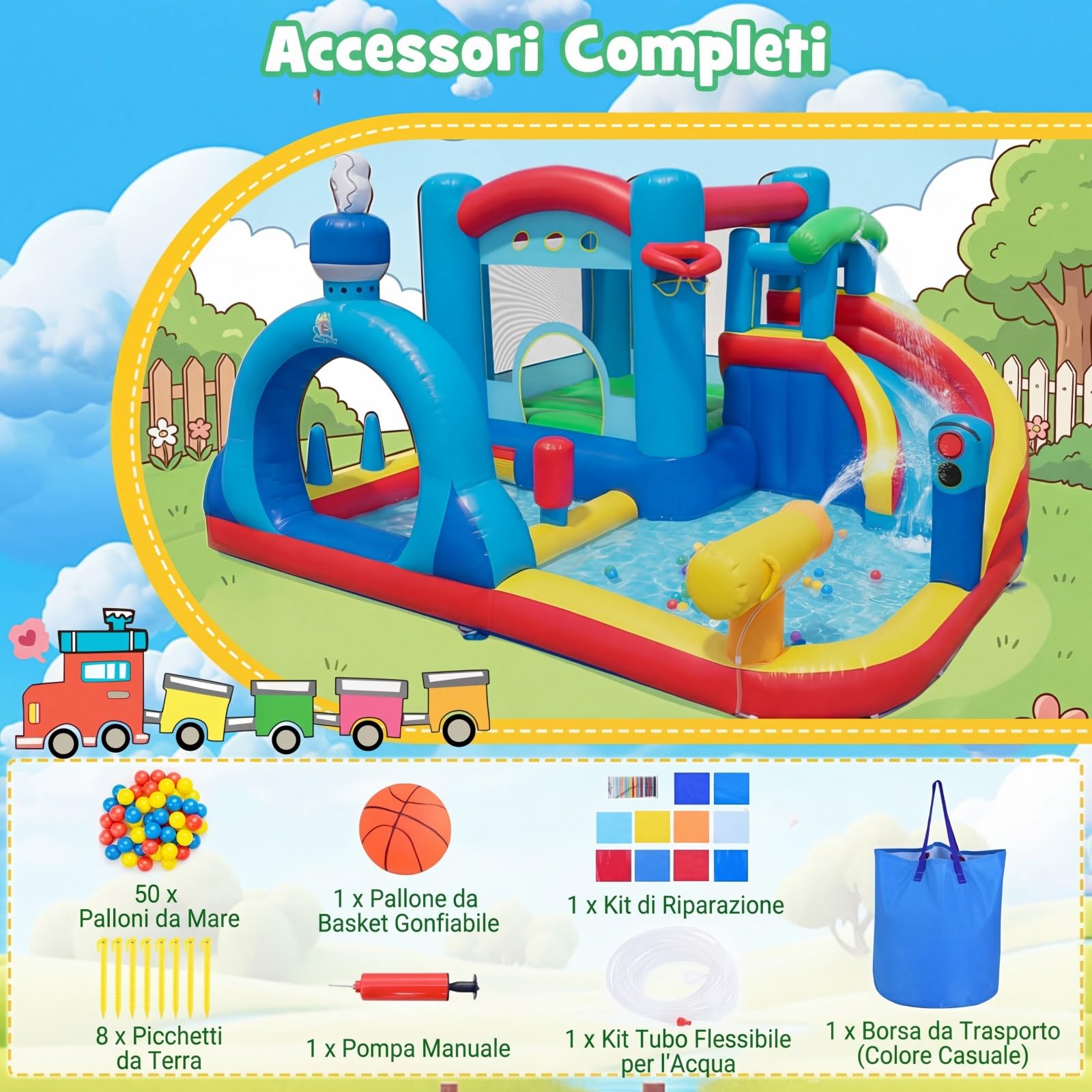 COSTWAY Castello Gonfiabile per Bambini, Casa Gonfiabile con Piscina, Cannone d'Acqua, Gioco con Anelli, Gioco a Bersaglio e Parete d'Arrampicata, Parco Acquatico da 3-12 Anni per Esterno