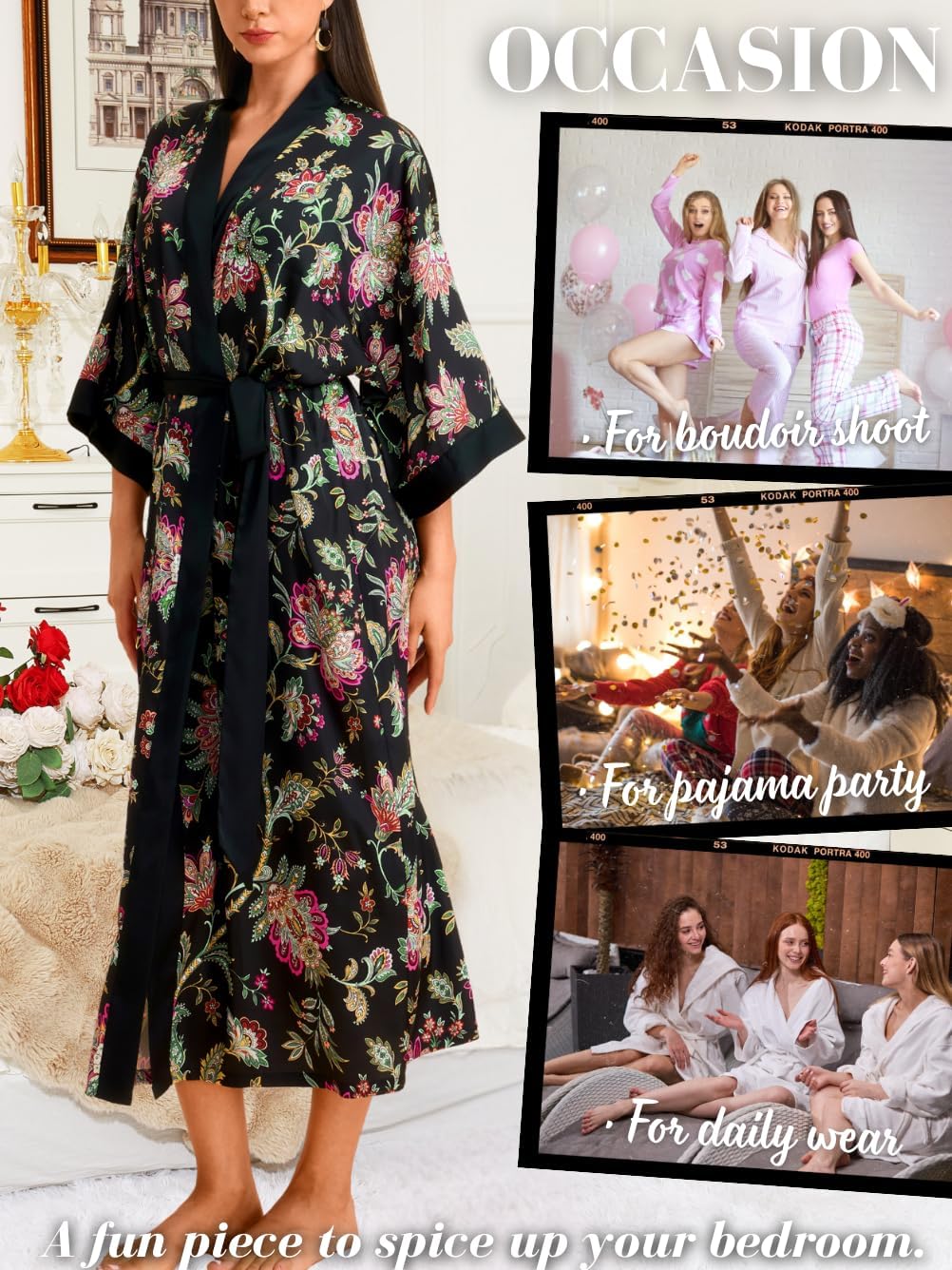 Women's Fancy Print Satin Kimono Robe, Soft Silky Lightweight, Long Wedding Bridesmaid Robes Fits Sizes 0-12