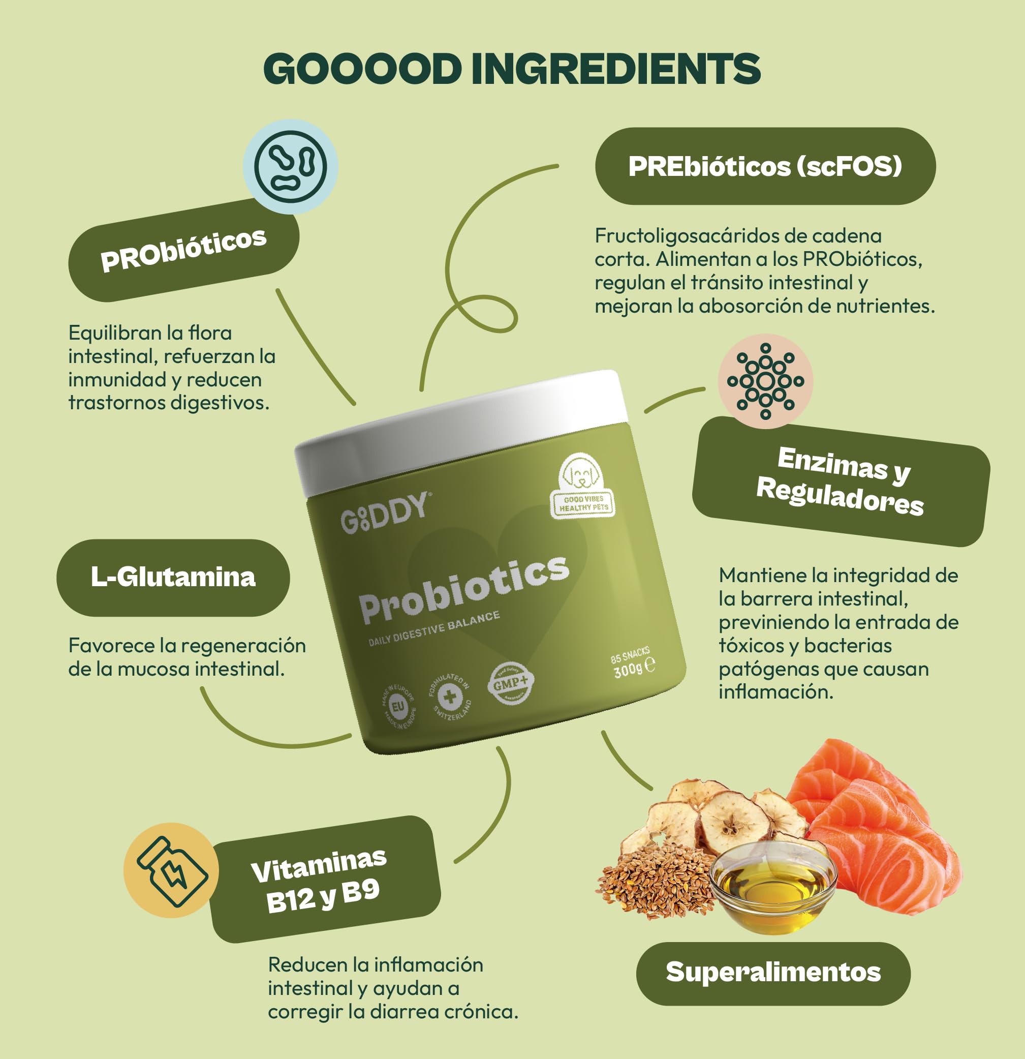 Snack Funcional masticable probiótico para Perros – 300 g – 8 cepas de bacterias, prebióticos y enzimas digestivas – favorece Salud intestinal, heces firmes y Sistema inmune
