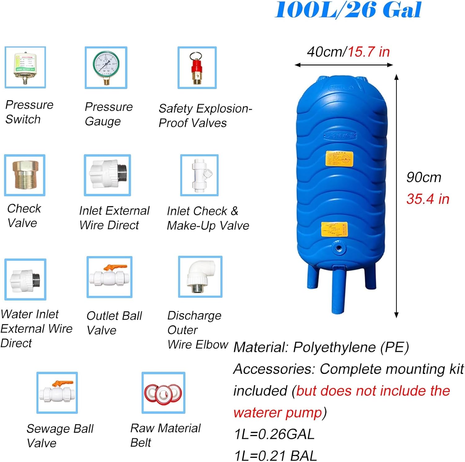 100L Pressurized Water Storage Tank - Fully Automatic, Good Seal, Pressure Tank for Home, School, Park - Durable, Efficient Water System (35.4x15.7 in)