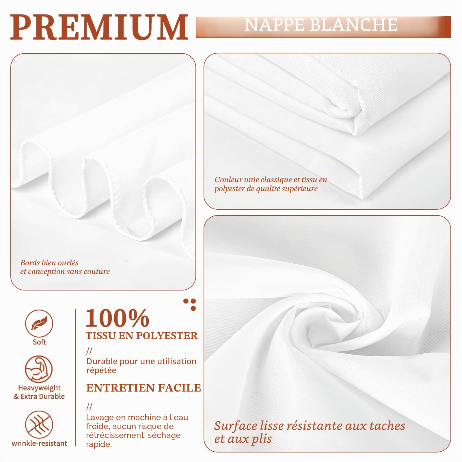 Showgeous Lot de 8 nappes rectangulaires blanches en polyester lavables - Pour mariage, banquet, restaurant, buffet, fête, camping