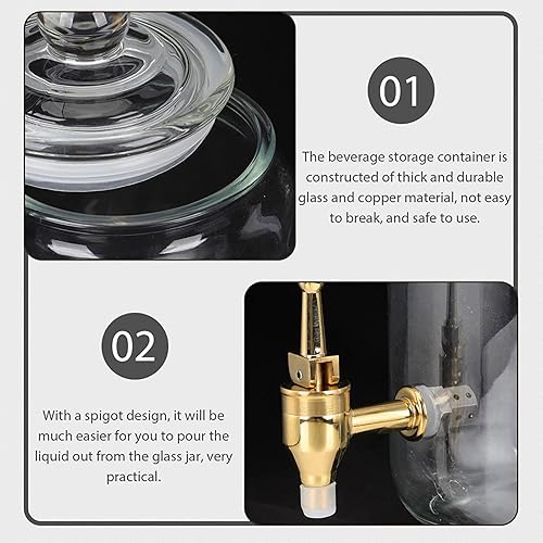 Miniatura 6 de Dispensador de agua con grifo, dispensador de bebidas de vidrio con grifo de metal, conveniente boca ancha y tapa de vidrio para exteriores, fiestas