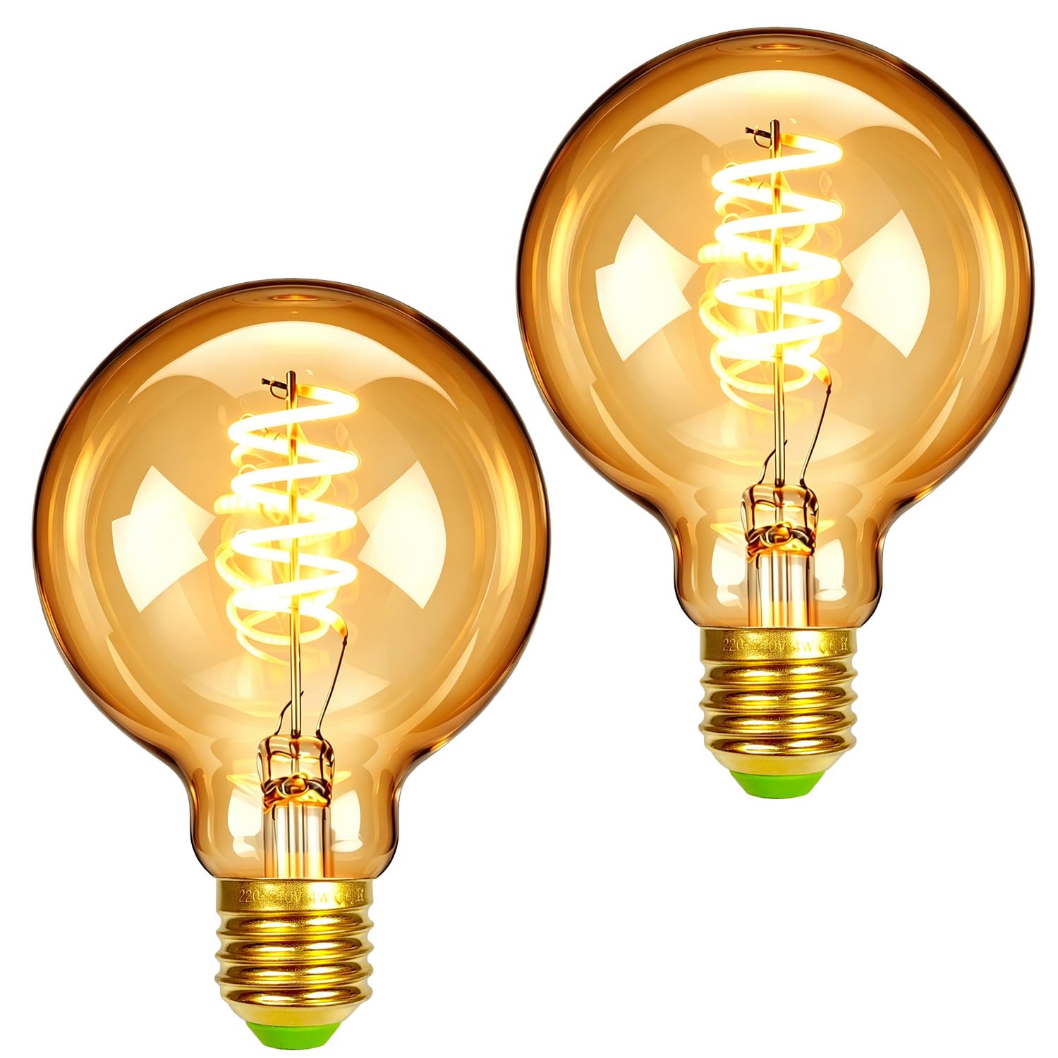 Tianfan G80 Edison LED Bulb 2-Pack, 4W (25W Eq), 2000K Warm Light, Dimmable, E27 Base, Spiral Filament, Amber Glass, 220V