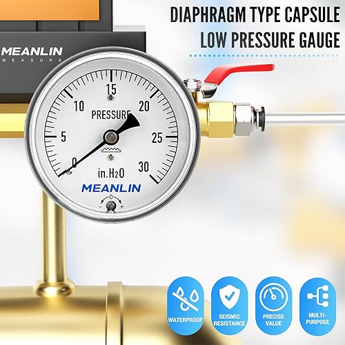 Miniatura 6 de MEANLIN MEASURE Manómetro de baja presión tipo cápsula de diafragma H2O de 0-30 pulgadas NPT de 2-13 pulgadas, esfera de cara ajustable, con 14" x