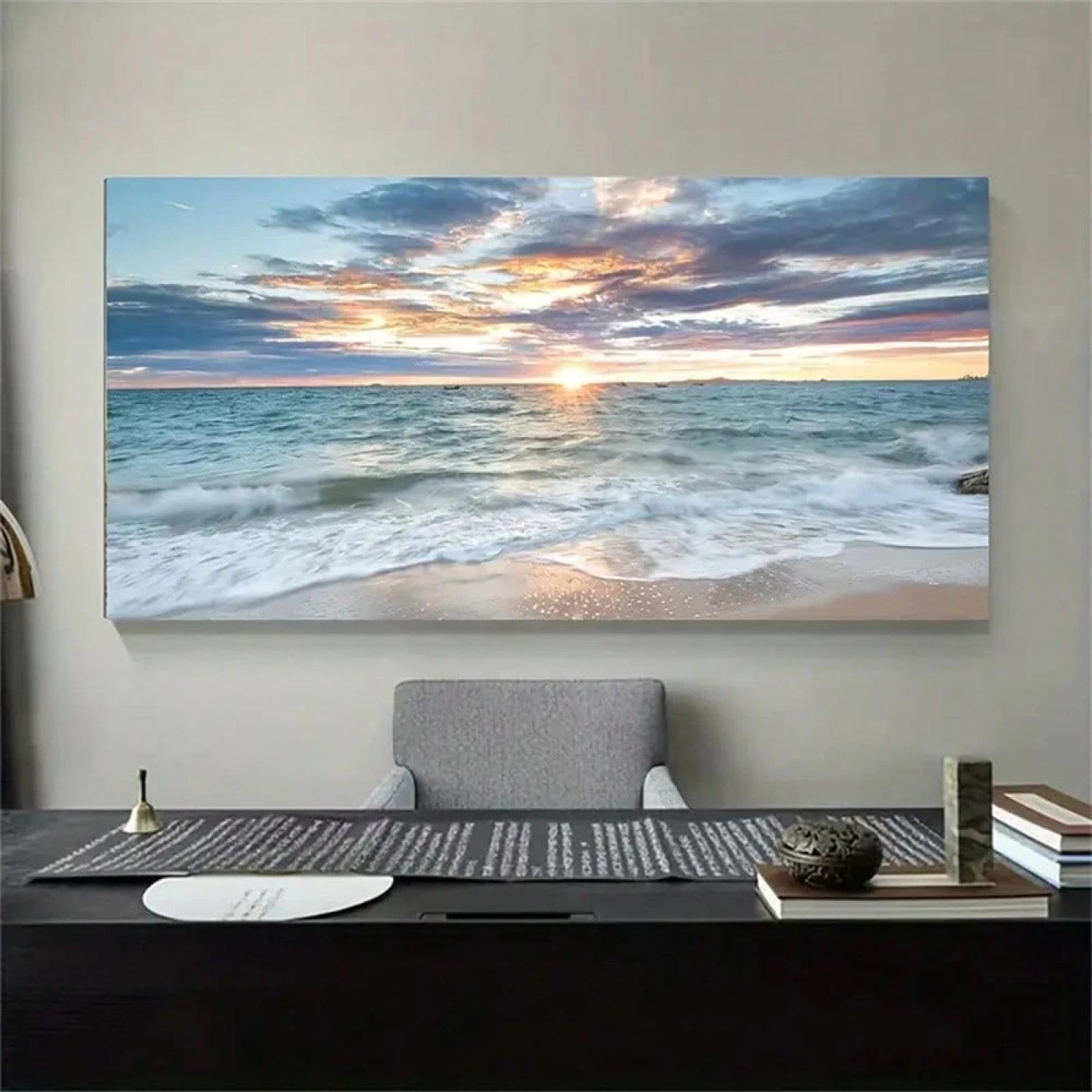 PEWFBS Grande stampa su tela con paesaggio marino al tramonto sull'oceano, decorazione murale nautica costiera per soggiorno, opera d'arte contemporanea 70x140 cm, senza cornice