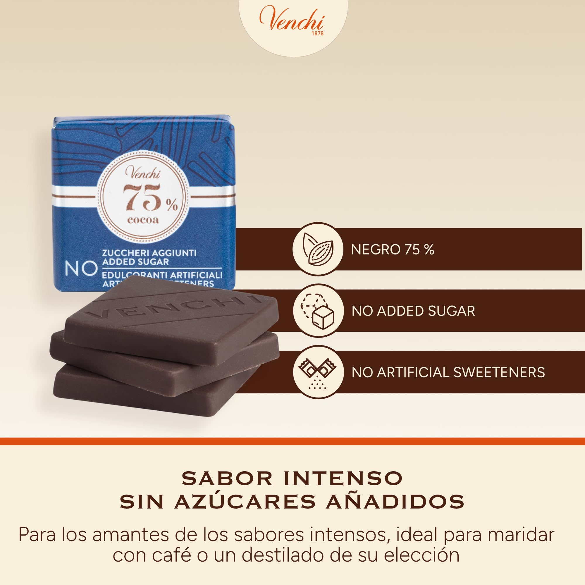 Venchi - Granblend Extra Fondant 75 % NO Added Sugar, 1 kg - Sin Edulcorantes Artificiales - Sin Gluten - Vegano