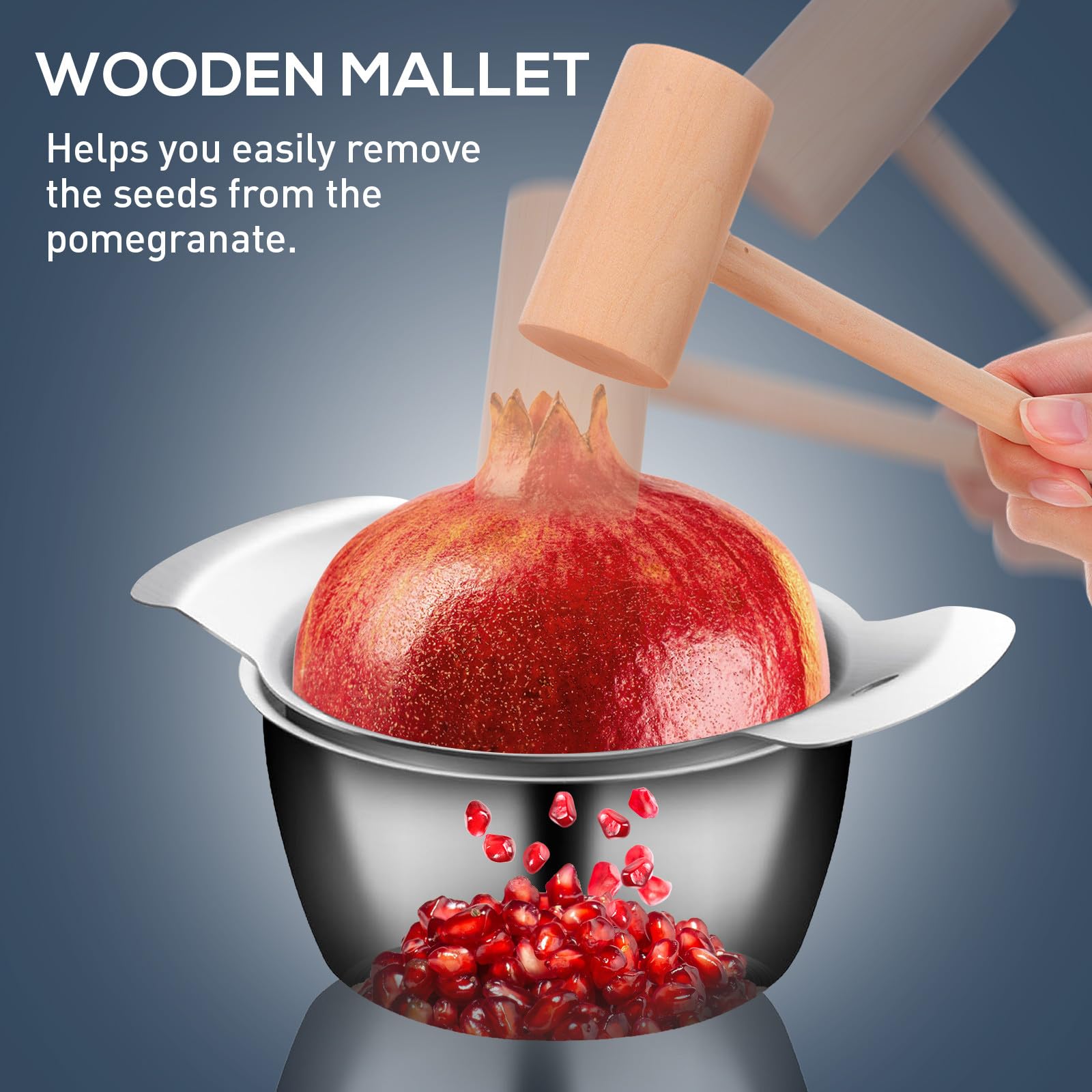 Abaodam Pelador de Frutas y Desgranadora de Granadas de Acero Inoxidable Cuenco y Martillo de Madera, Material Seguro y Grueso para Cocina Multifunción en Hogar