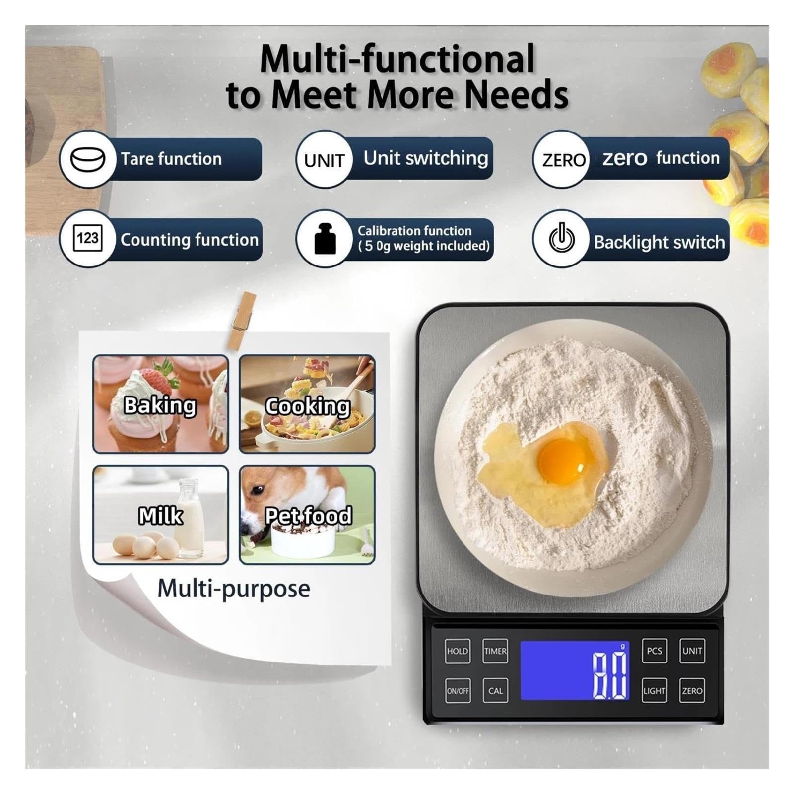 Balanza analítica Digital Báscula de Cocina Digital Alimentos Acero Inoxidable para Dieta Postal LCD(5kg 0.1g-Rechargable)