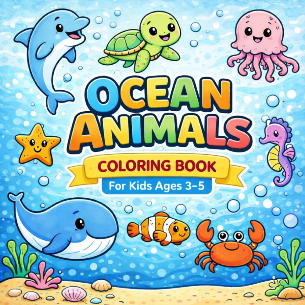 OCEAN ANIMALS COLORING BOOK: Cute, Easy Ocean Animals for Toddlers, Preschoolers, Boys and Girls Ages 3–5