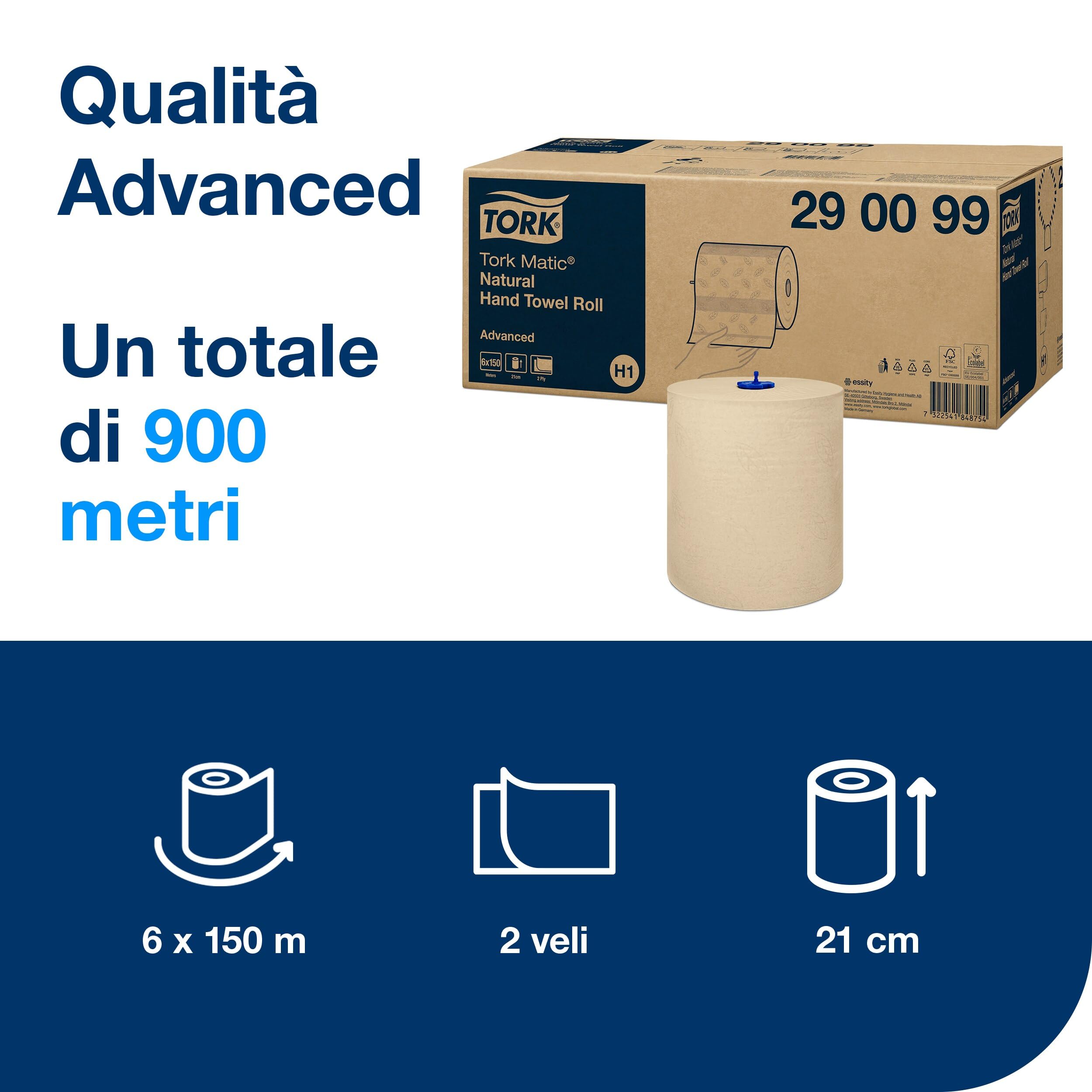 Tork Matic Asciugamani a rotolo Natural H1, Advanced, resistenti agli strappi, 2 veli, 6 rotoli da 150 m, 290099