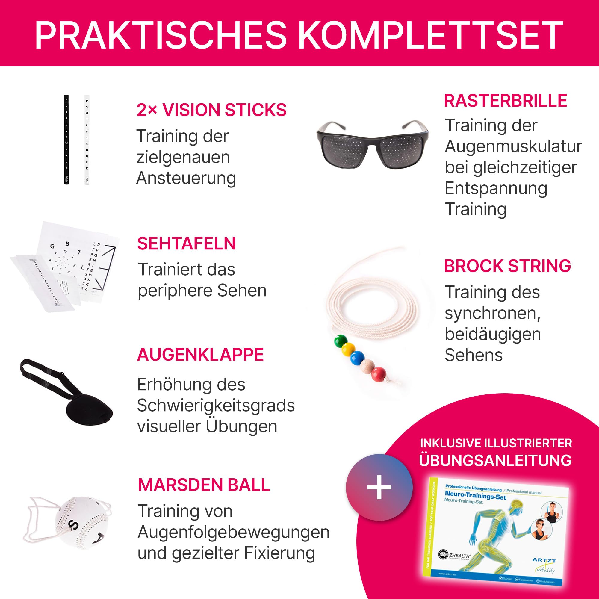 Kit de démarrage - Entraînement neuroathlétique pour une meilleure vision, réflexes et concentration - Avec panneaux visuels, string brun, lunettes et balle Marsden - Idéal pour le sport