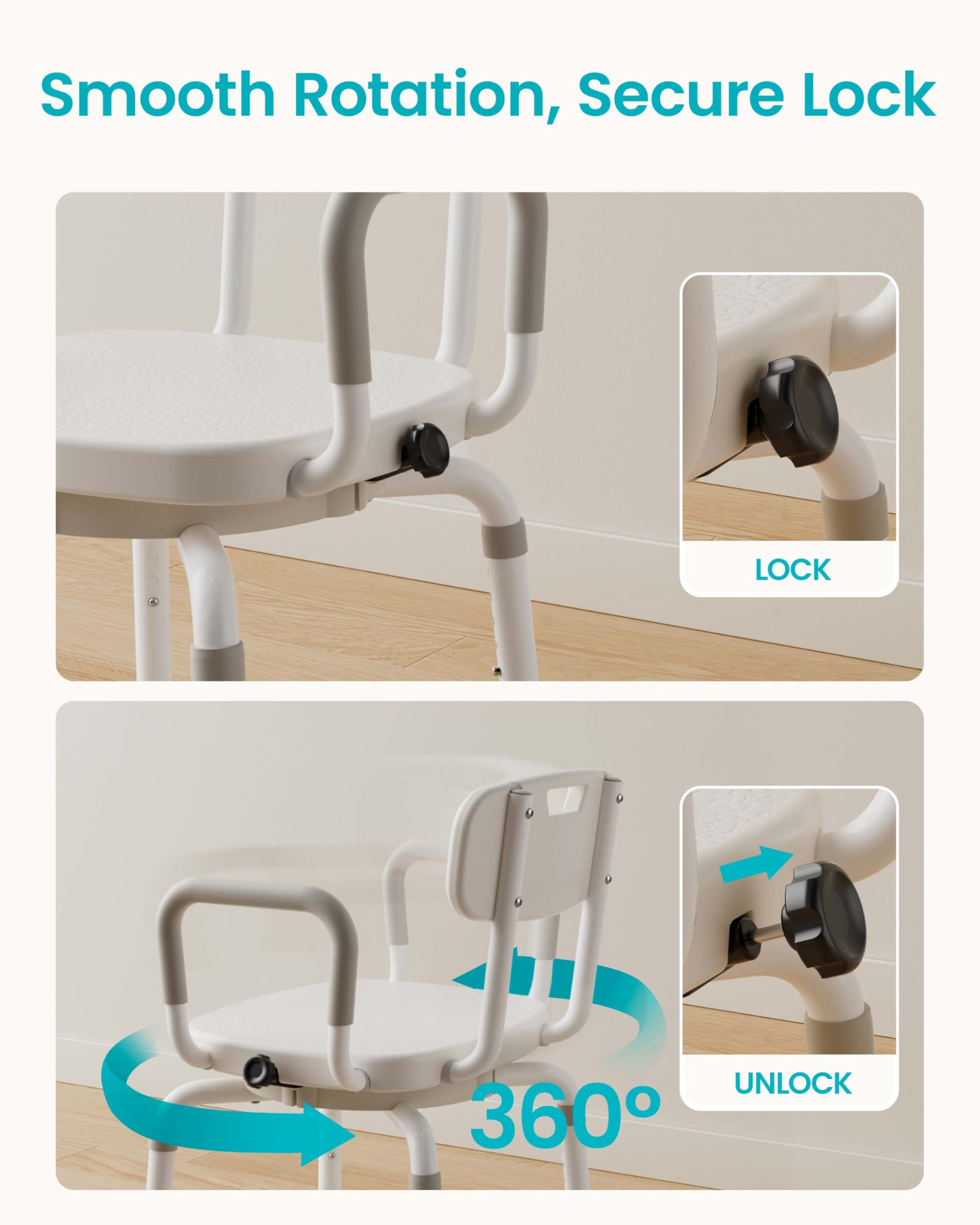 Silla de ducha giratoria para ducha interior, gira sin estar de pie, asiento de baño giratorio resistente de 660 libras con brazos y respaldo, altura ajustable de 18 a 21 pulgadas para personas
