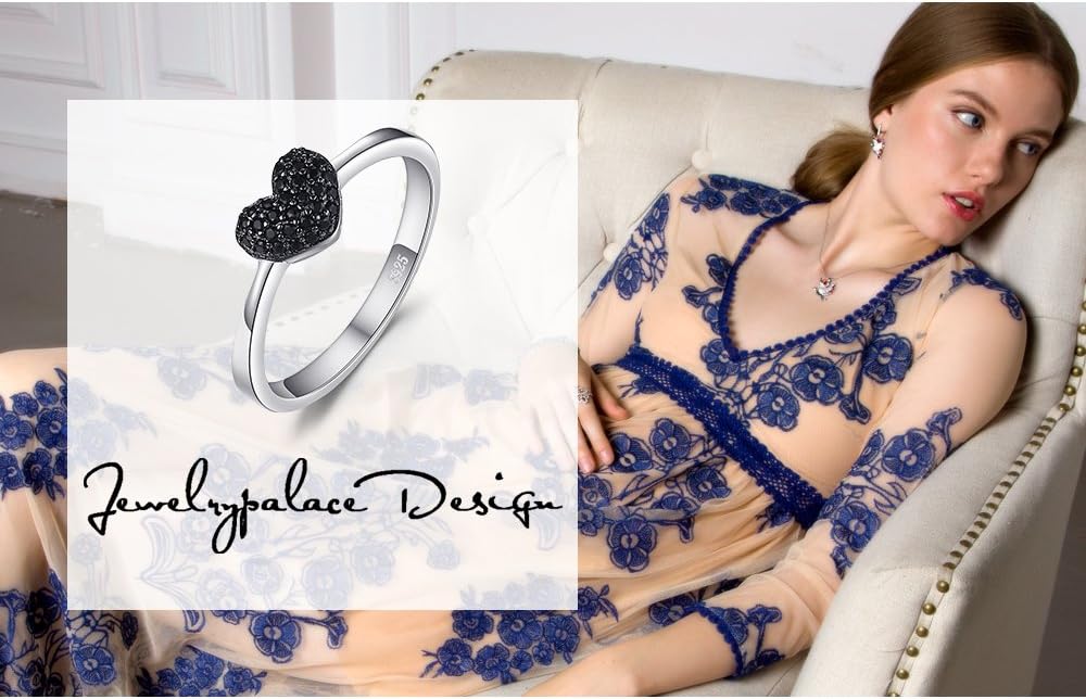 JewelryPalace Love Heart Genuine Black Spinel Rings for Her, 14K White Gold 925 Sterling Silver Promise Ring for Women, Natural Gemstone jewelry Sets Rings - Image 6