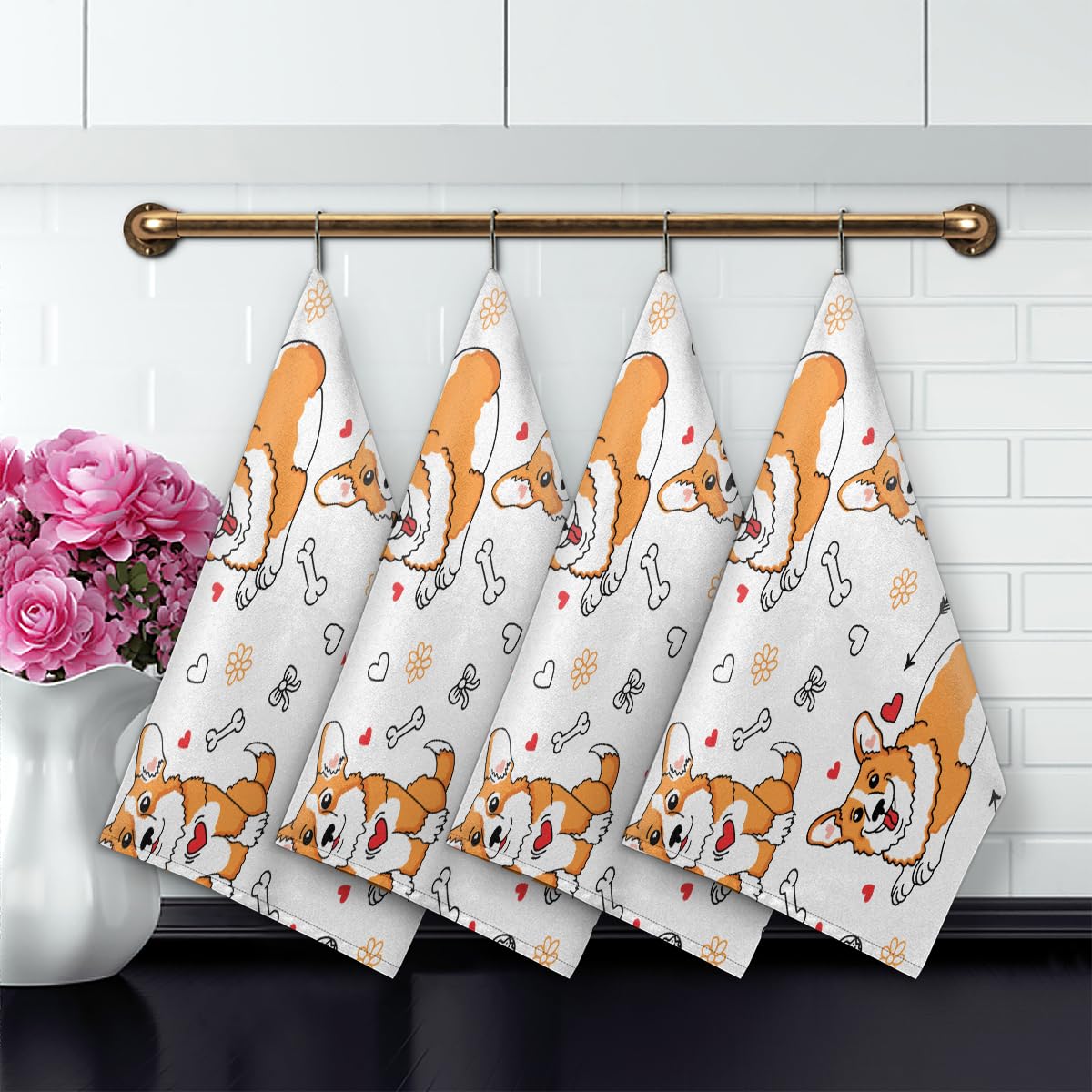 Lot De 2 Torchons De Cuisine Motif Corgi - 45,7 X 35,6 Cm, Ultra Absorbants, Avec Boucle Velcro