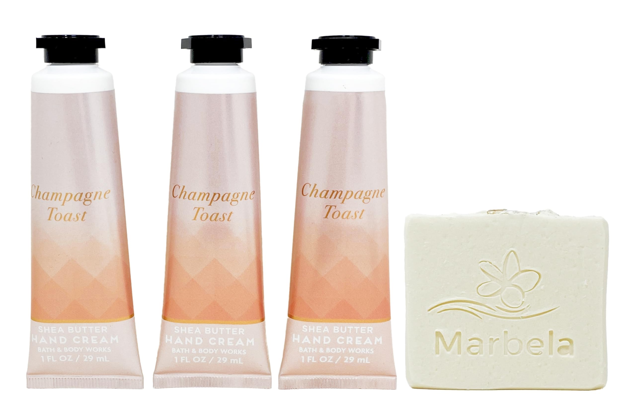 Bath & Body Works Champagne Toast - 3 Pack Of Hand Cream With a Natural Oats Sample Soap.