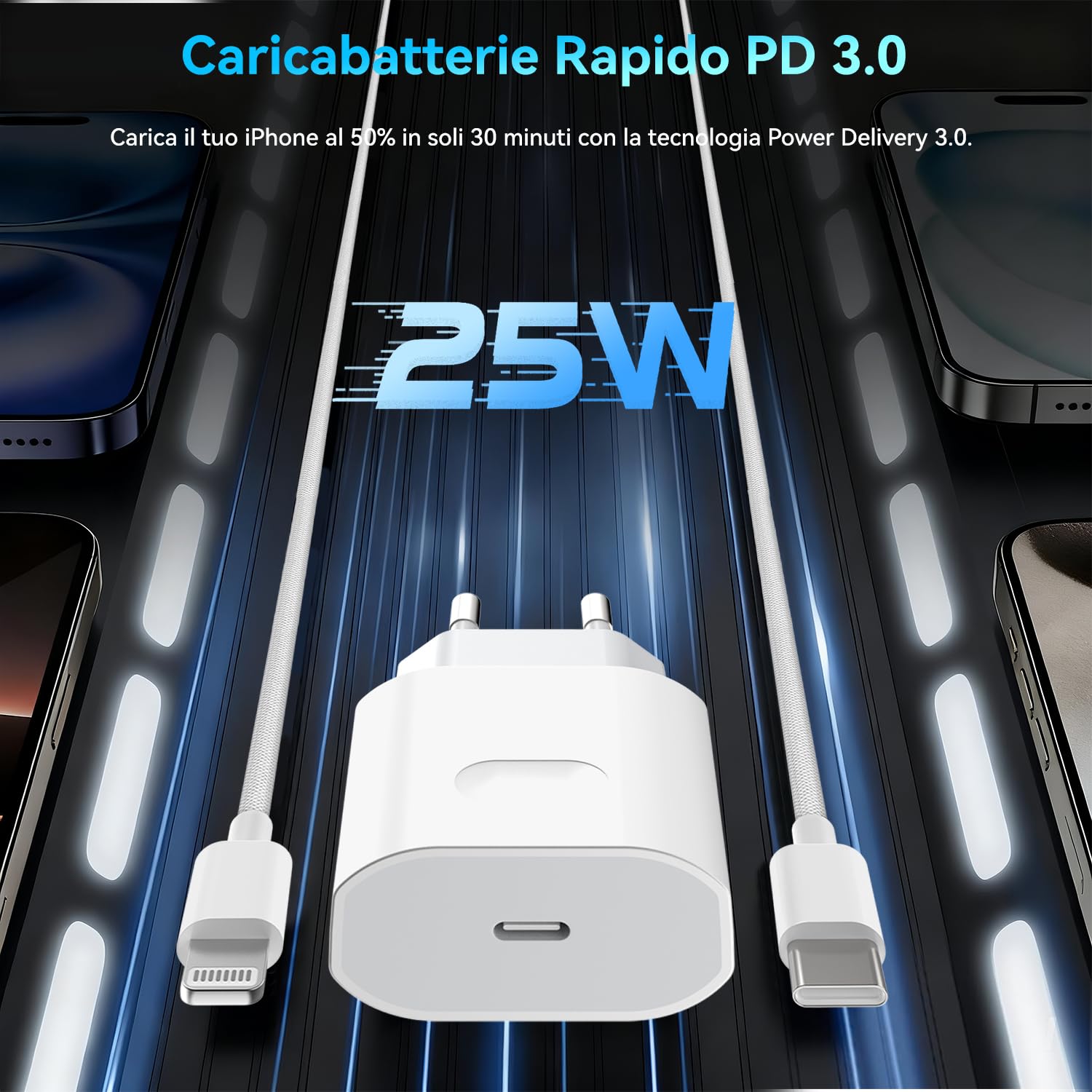 Apple MFi Certified 25W USB C Caricatore iPhone 14/13/12/11 Pro Max Plus Mini SE XR X XS 8 7 6 con Cavo Lightning 1m
