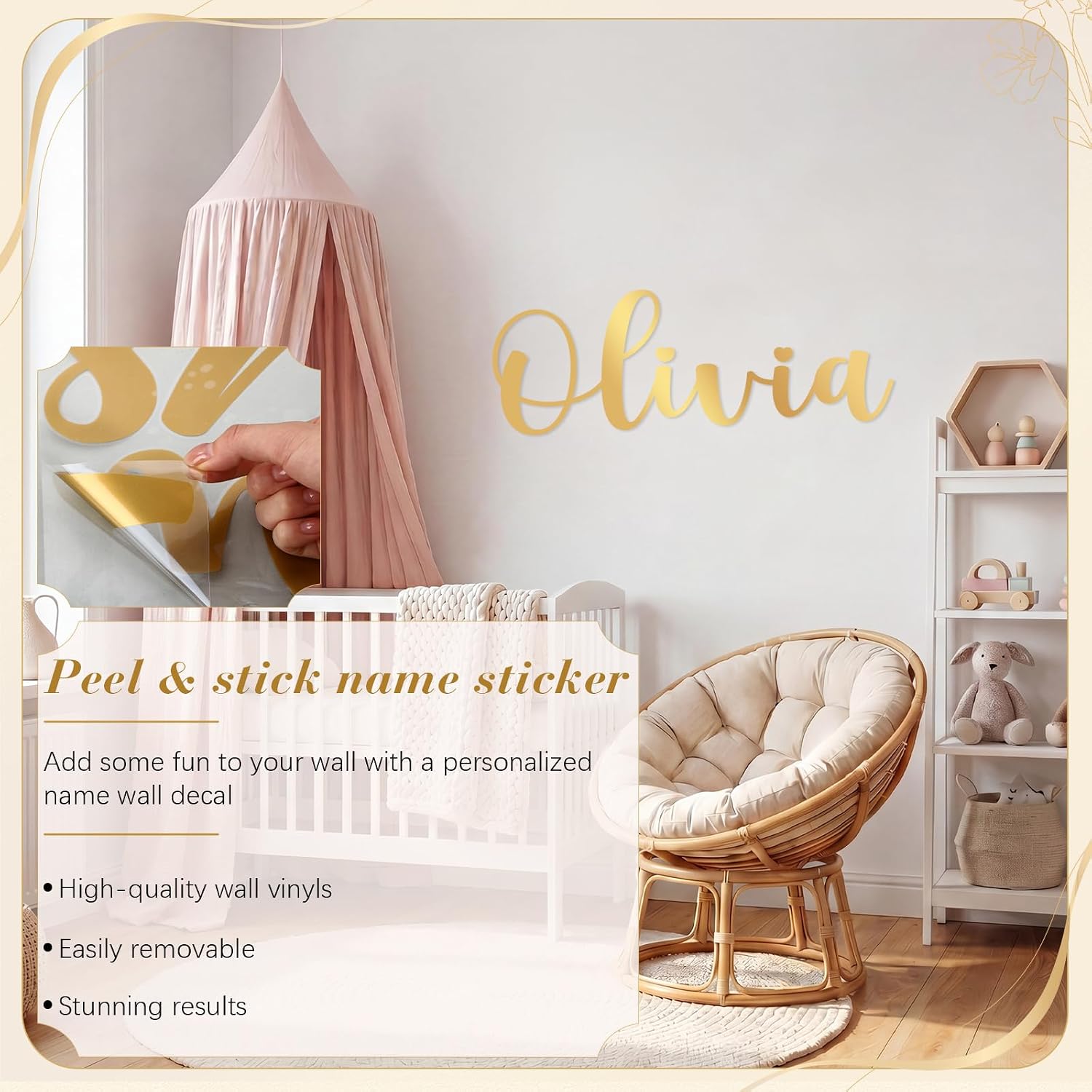 Boao Personalized Name Letter Wall Decal,Elegant Script,Gold,Extra Larger
