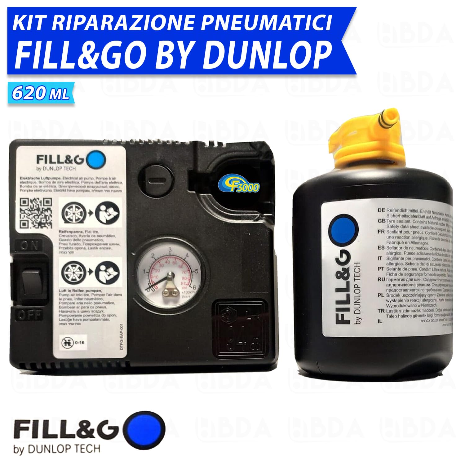Sistema di Riparazione Pneumatici Kit Gonfia e Ripara Fill&Go by Dunlop Tech per MERCEDES-BENZ CLASSE R tutte le versioni, Pompa Elettrica da 620 ML