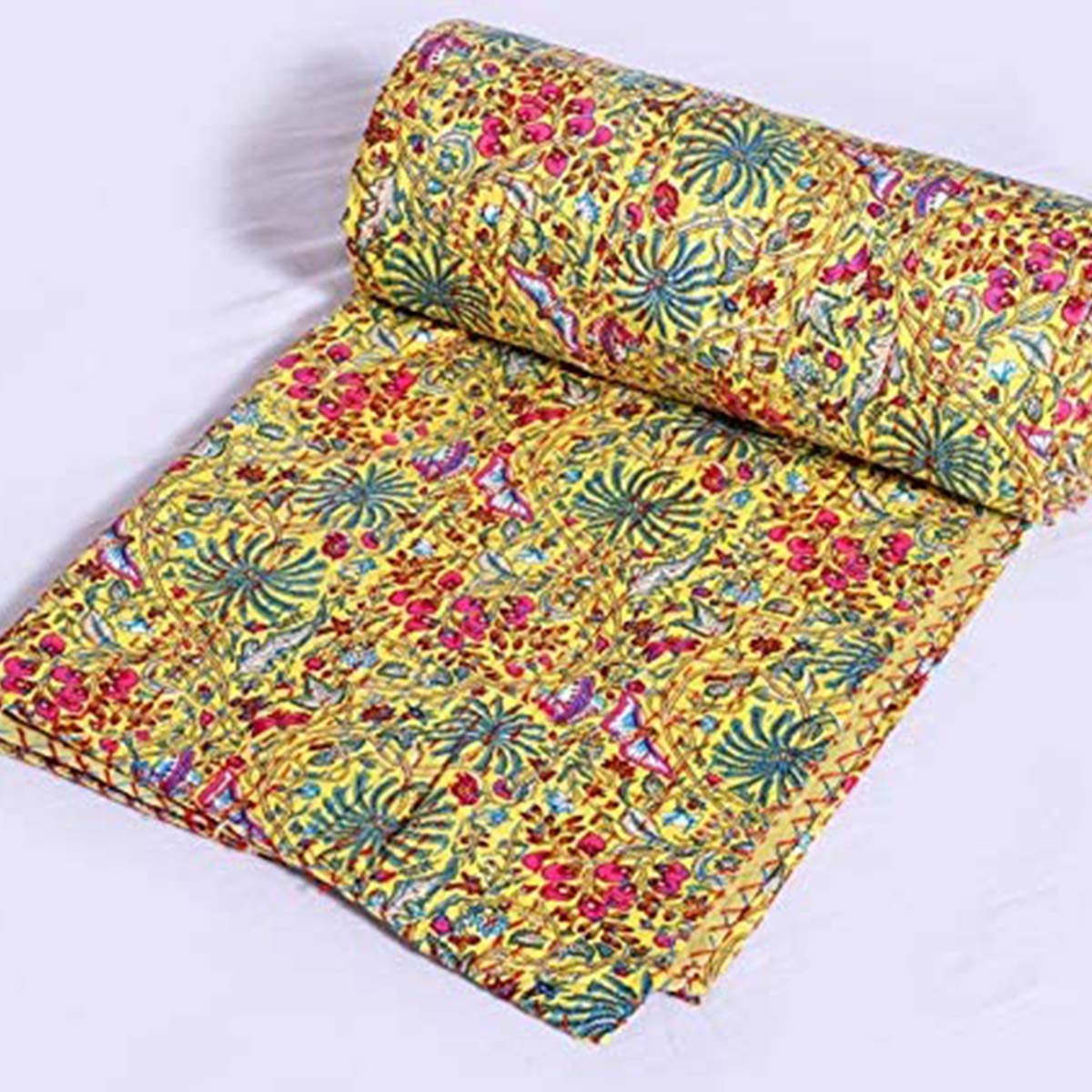 YUVANCRAFTS Handmade Floral Print Kantha Quilt Pure Cotton Traditional Print Single Size Quilt Blanket Bedspreads Throw (Yellow 2)